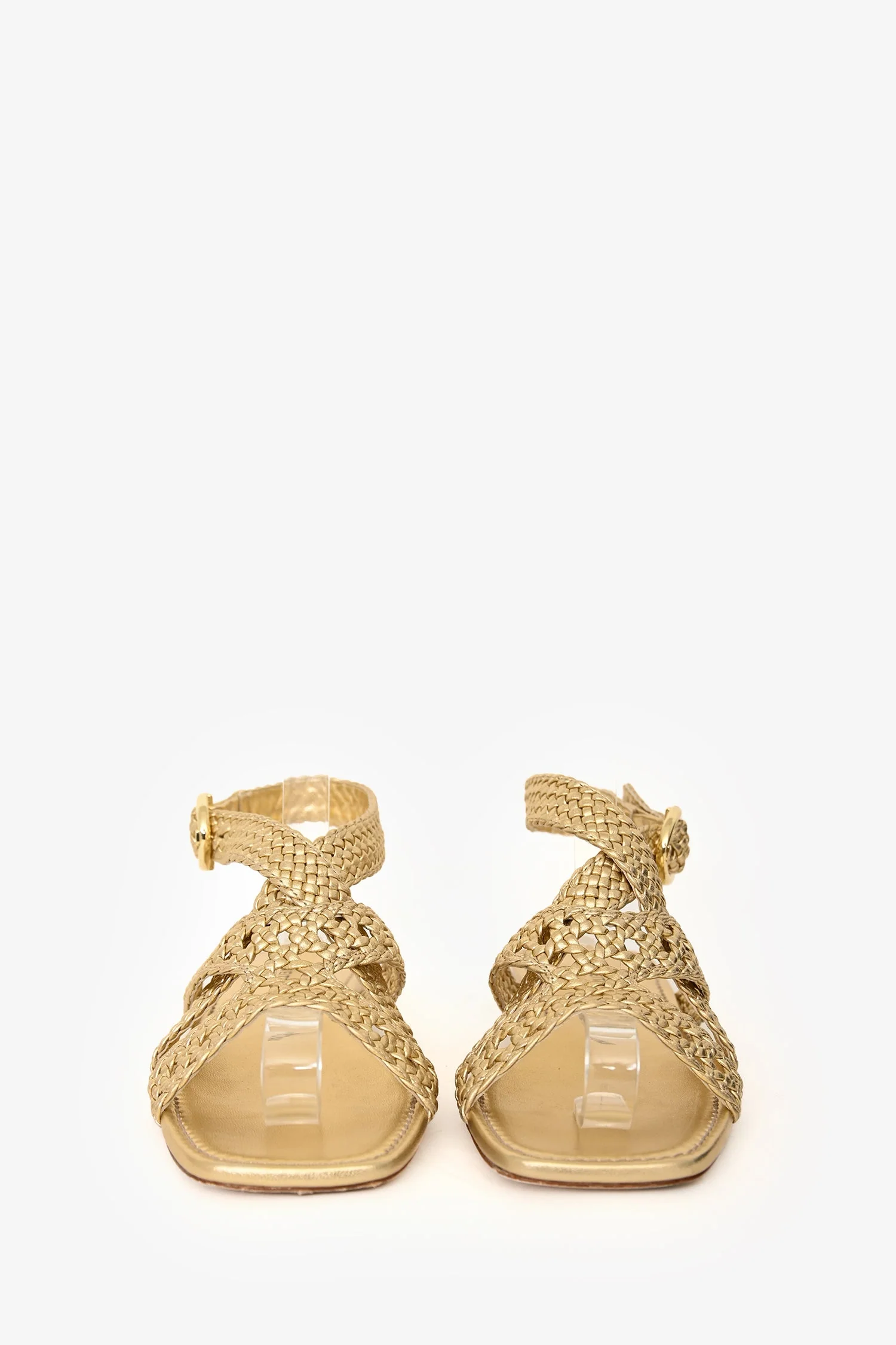 Stuart Weitzman Gold Woven Leather Ankle Strap Flat Sandals Size 39 - Image 3
