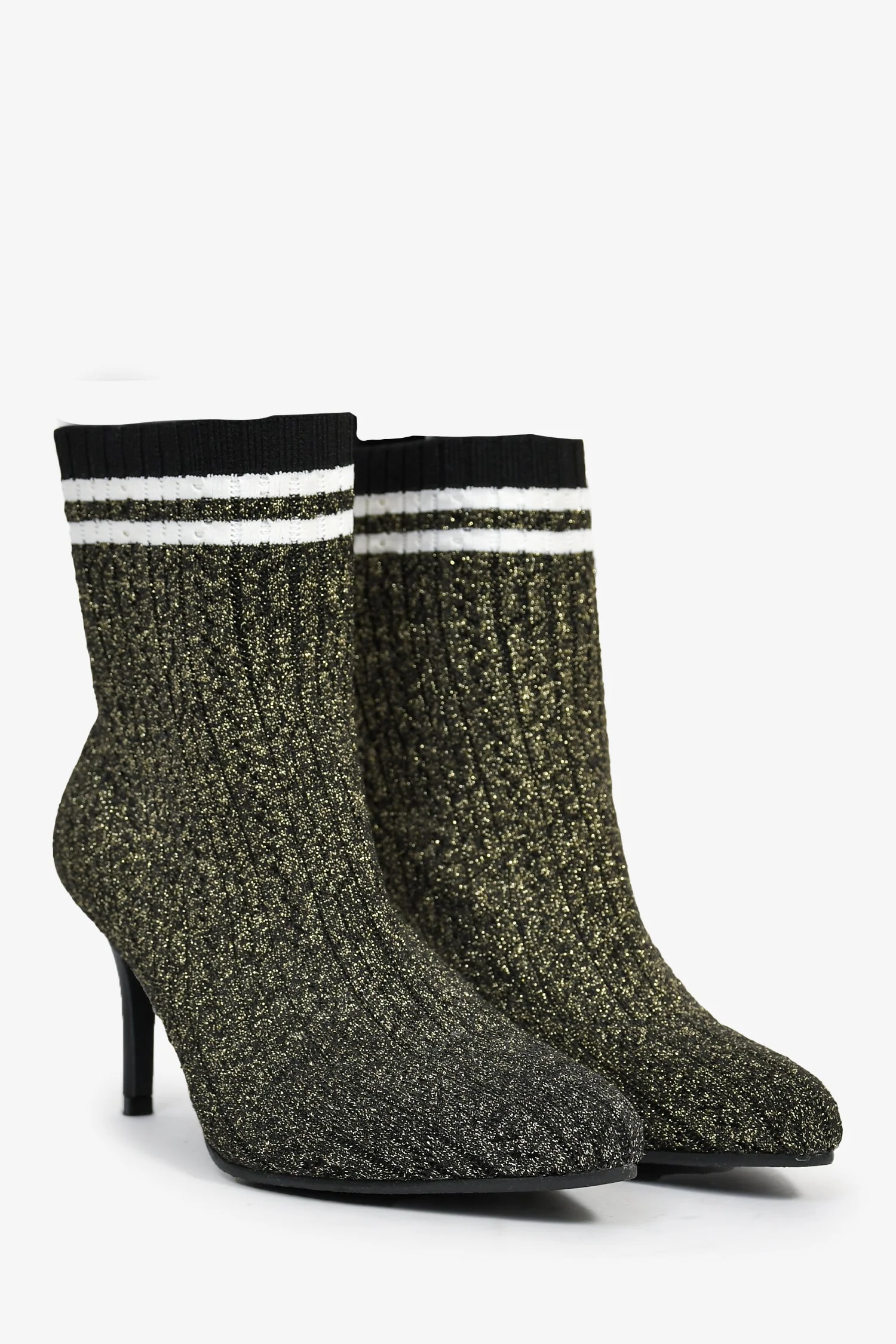 Stuart Weitzman Metallic Gold Knit Heeled Sock Booties Size 37.5 - Image 2