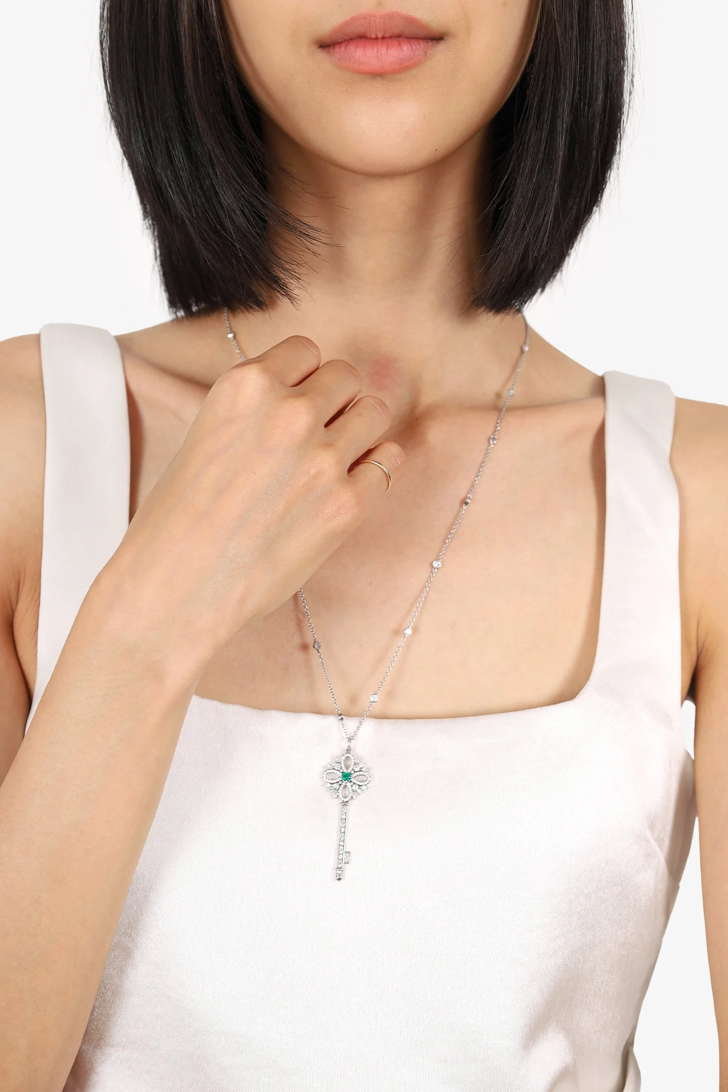 Tiffany & Co. Platinum Diamond Emerald Victoria Key Pendant on Diamond Station Chain - Image 5