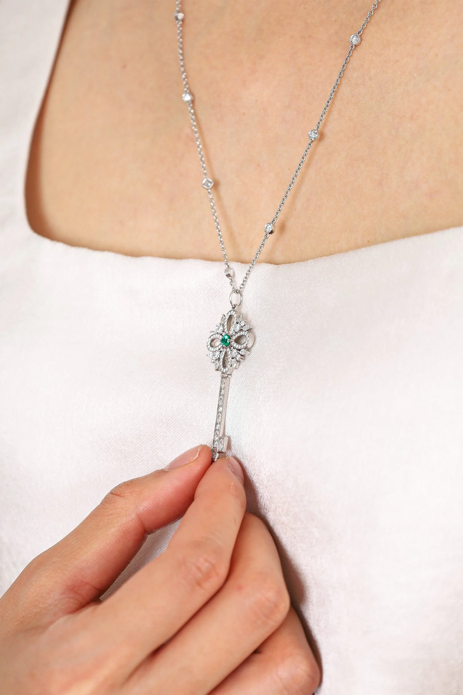 Tiffany & Co. Platinum Diamond Emerald Victoria Key Pendant on Diamond Station Chain - Image 6