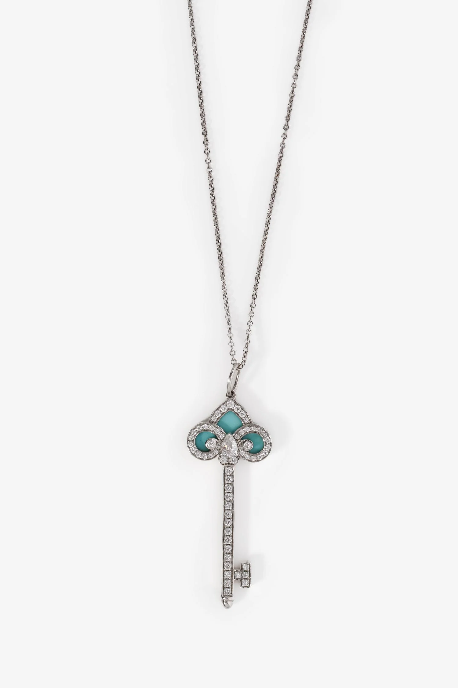Tiffany & Co. Platinum Diamond 'Fleur de Lis' Turquoise Key Pendant With 18K White Gold Necklace - Image 2