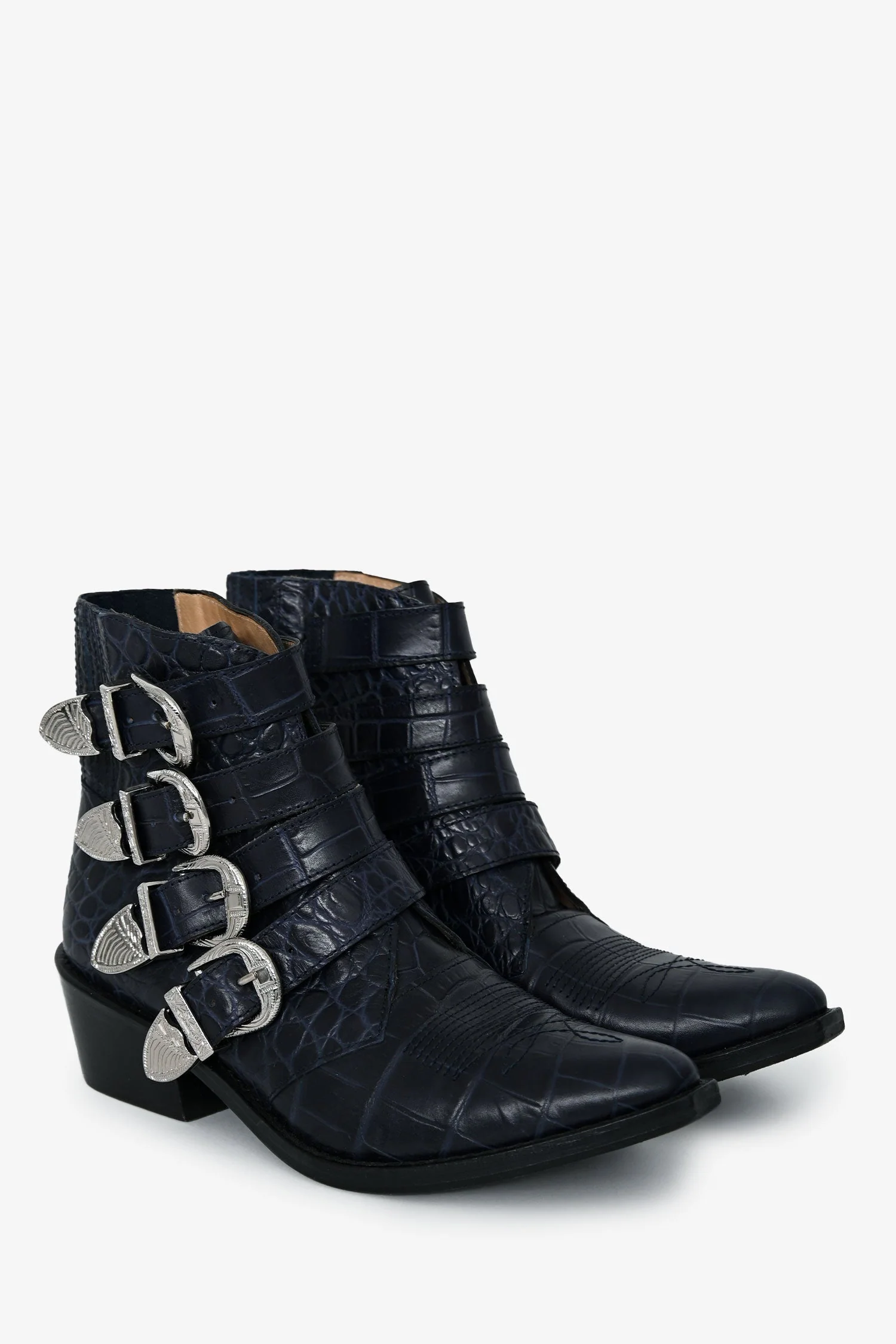 Toga Pulla Blue Embossed Leather Western Buckle Boots Size 36 - Image 2