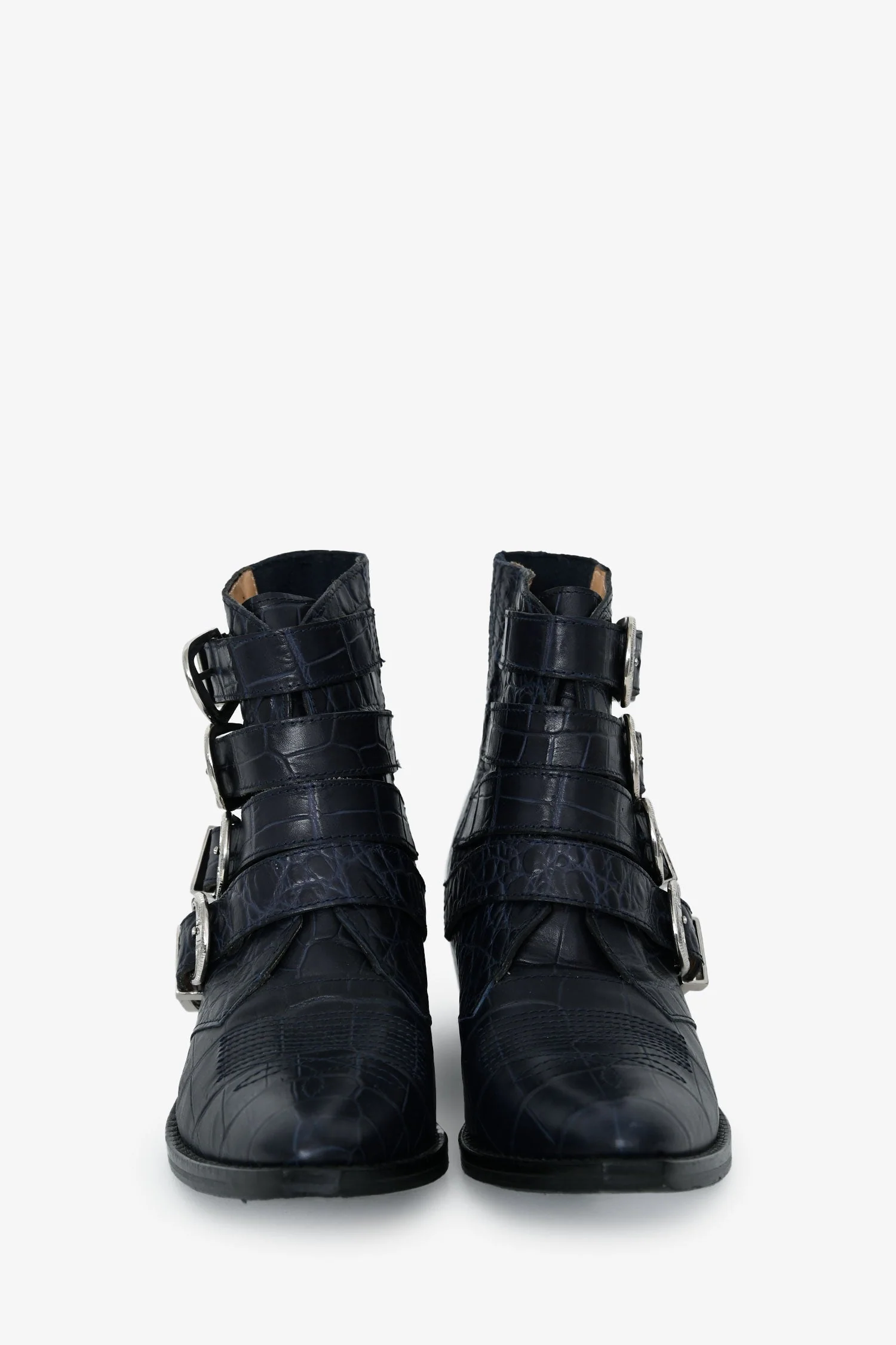 Toga Pulla Blue Embossed Leather Western Buckle Boots Size 36 - Image 3