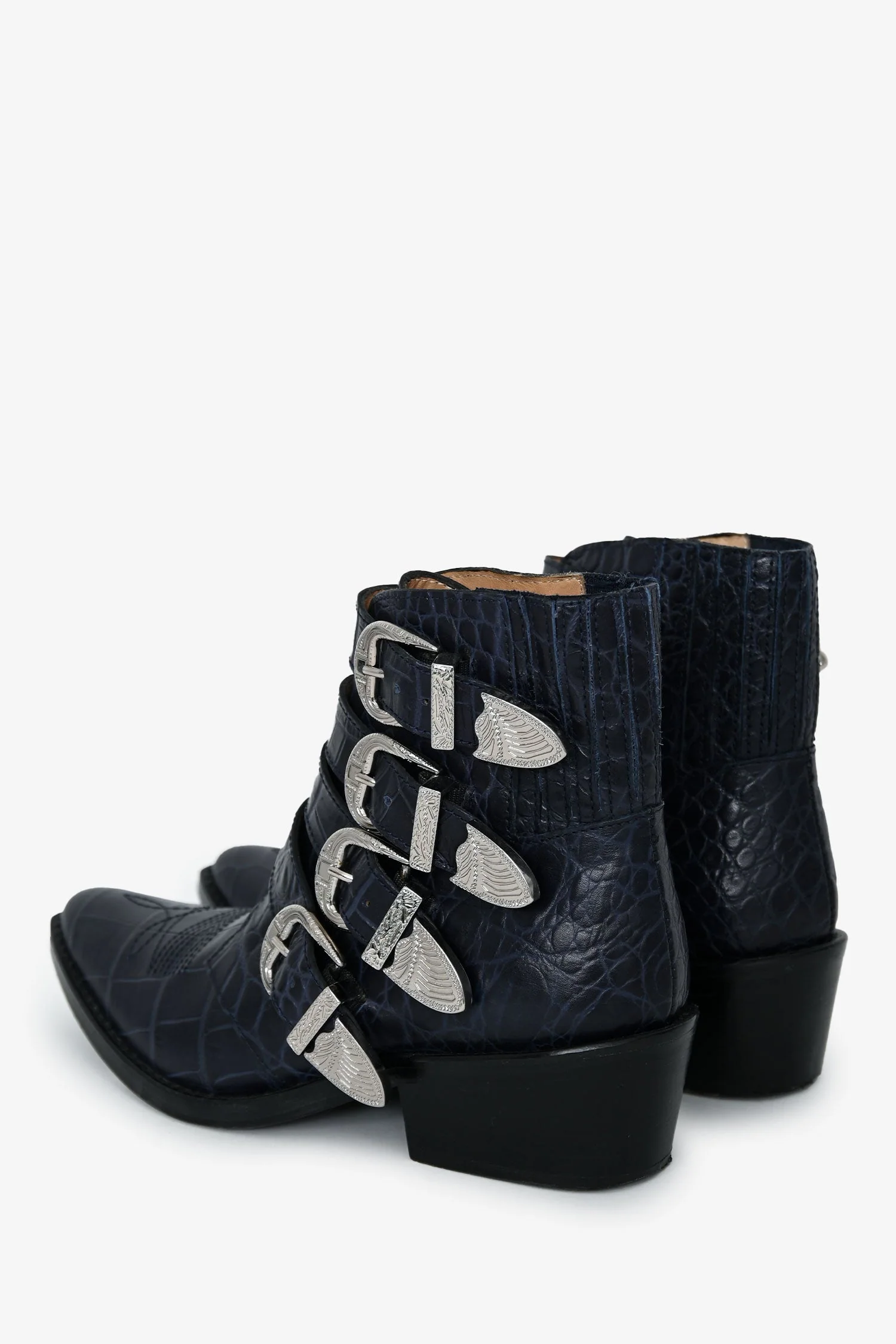 Toga Pulla Blue Embossed Leather Western Buckle Boots Size 36 - Image 4