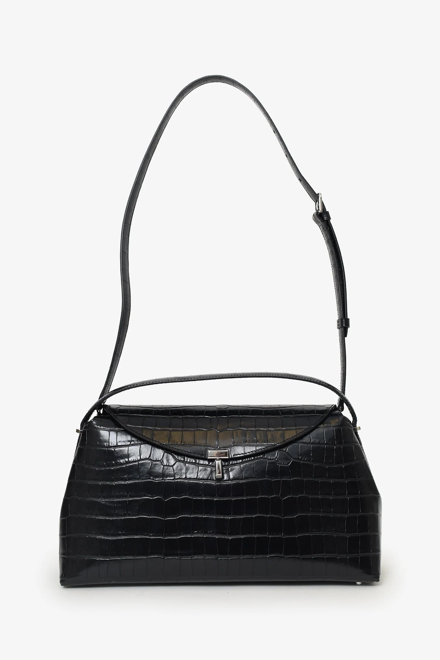 Toteme Black Embossed Leather T-Lock Top Handle Bag With Strap - Image 6