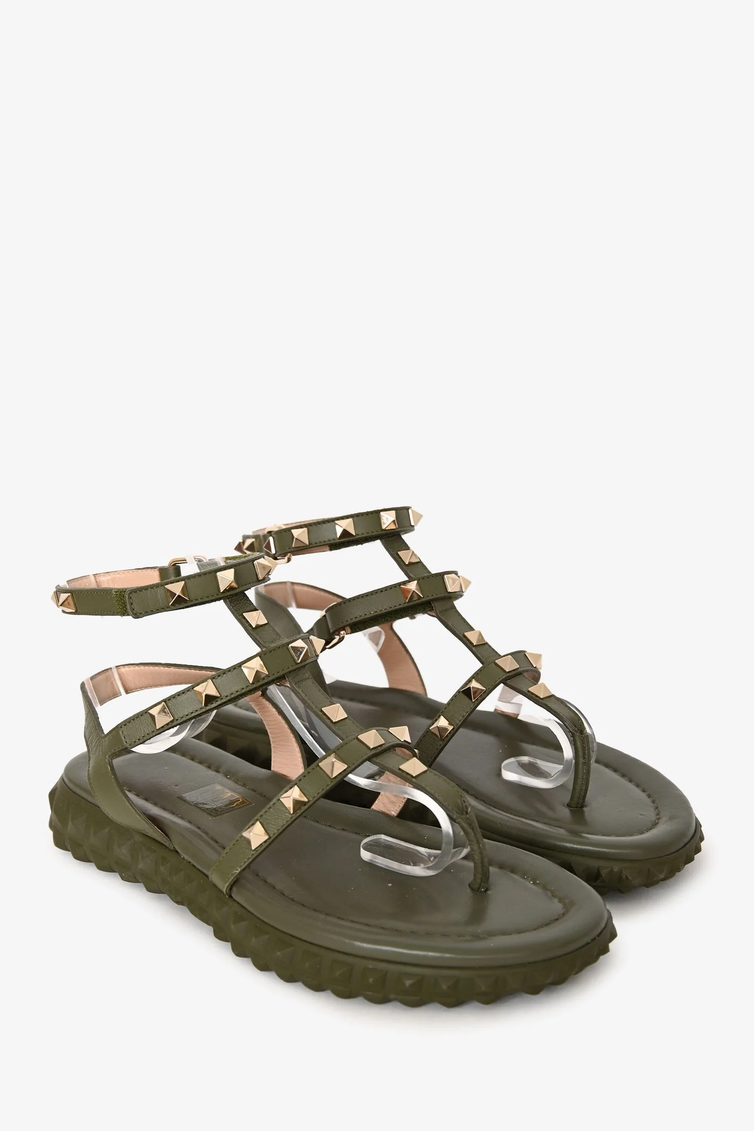 Valentino Army Green Leather Valentino Rockstud Velcro Sandals Size 36 - Image 2