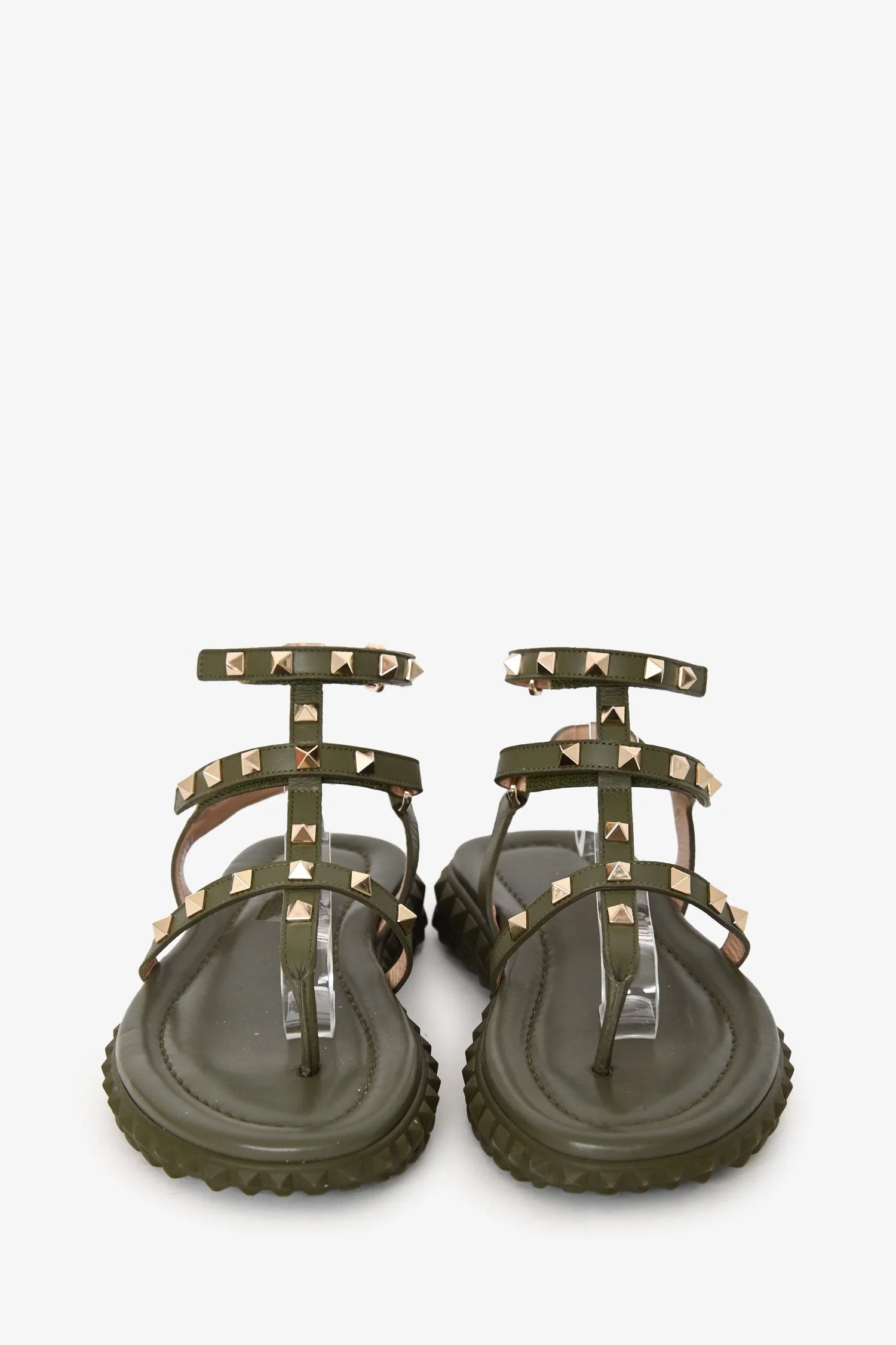Valentino Army Green Leather Valentino Rockstud Velcro Sandals Size 36 - Image 3
