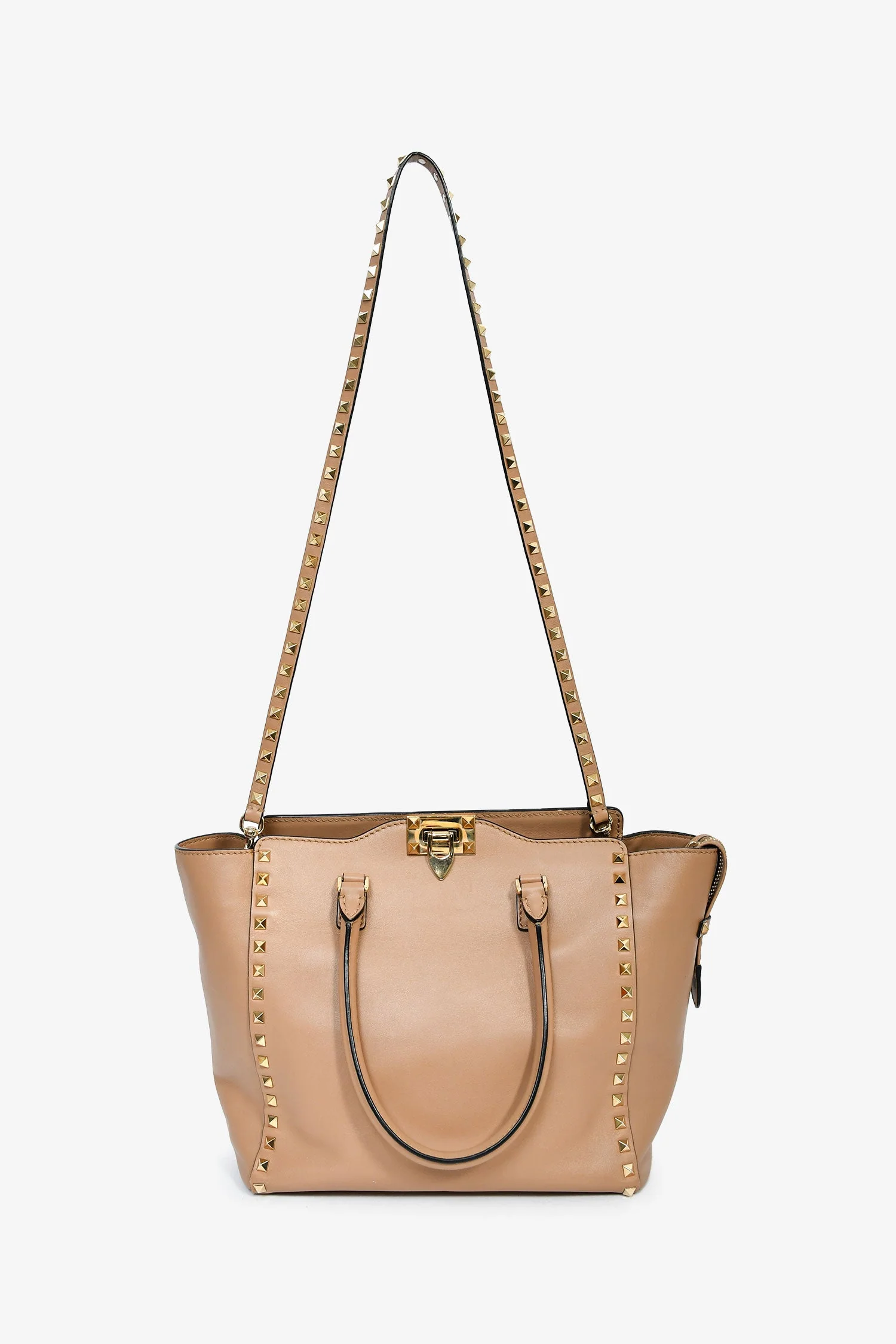 Valentino Beige Leather Small Rockstud Trapeze Tote with Strap - Image 7