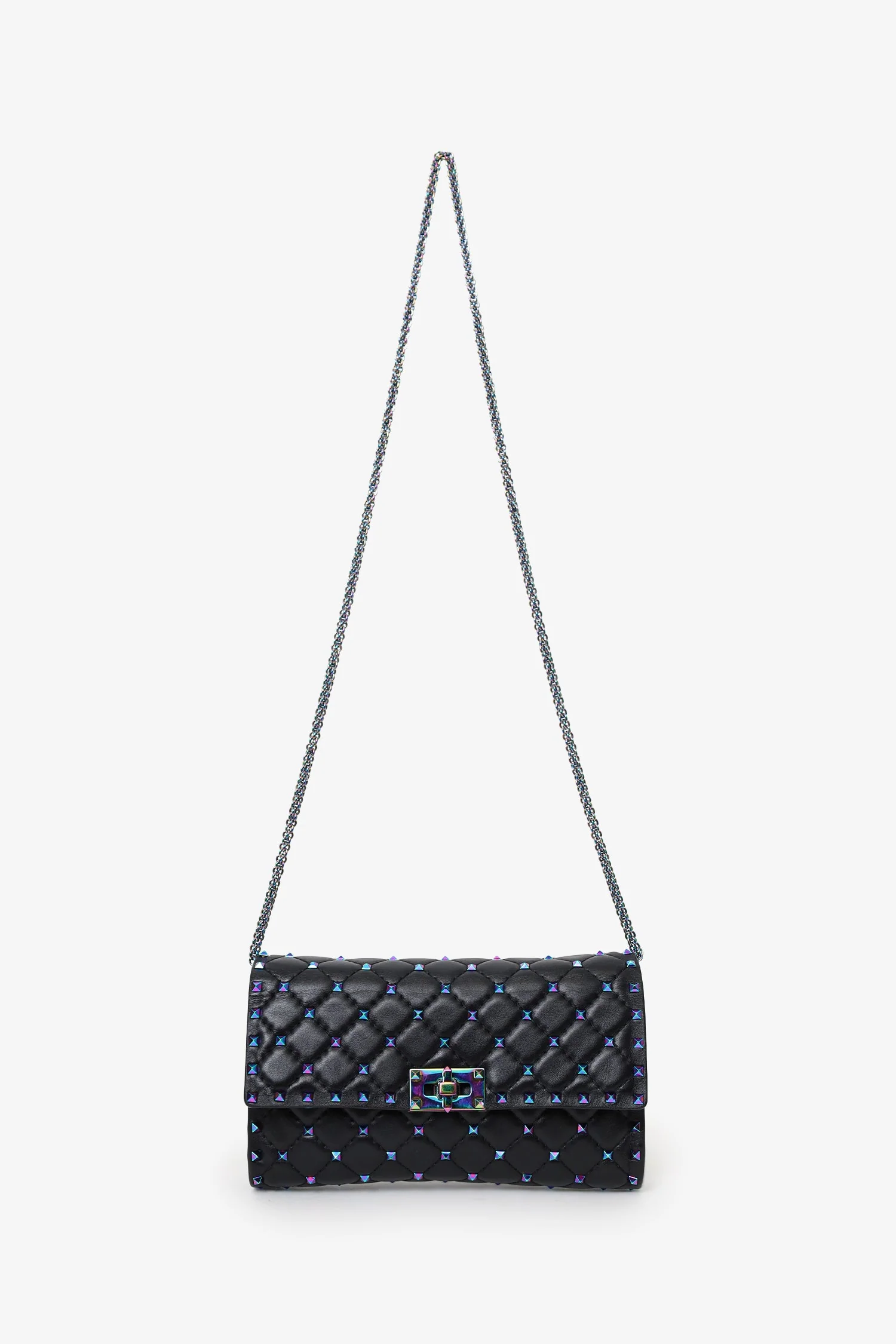 Valentino Black Lambskin Oil Slick Rockstud Spike Wallet on Chain - Image 6