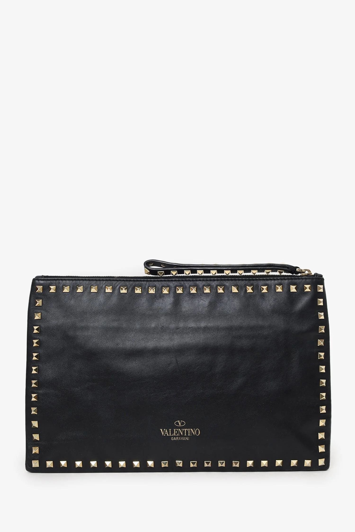Valentino Black Leather Large Rockstud Zip Wristlet Pouch