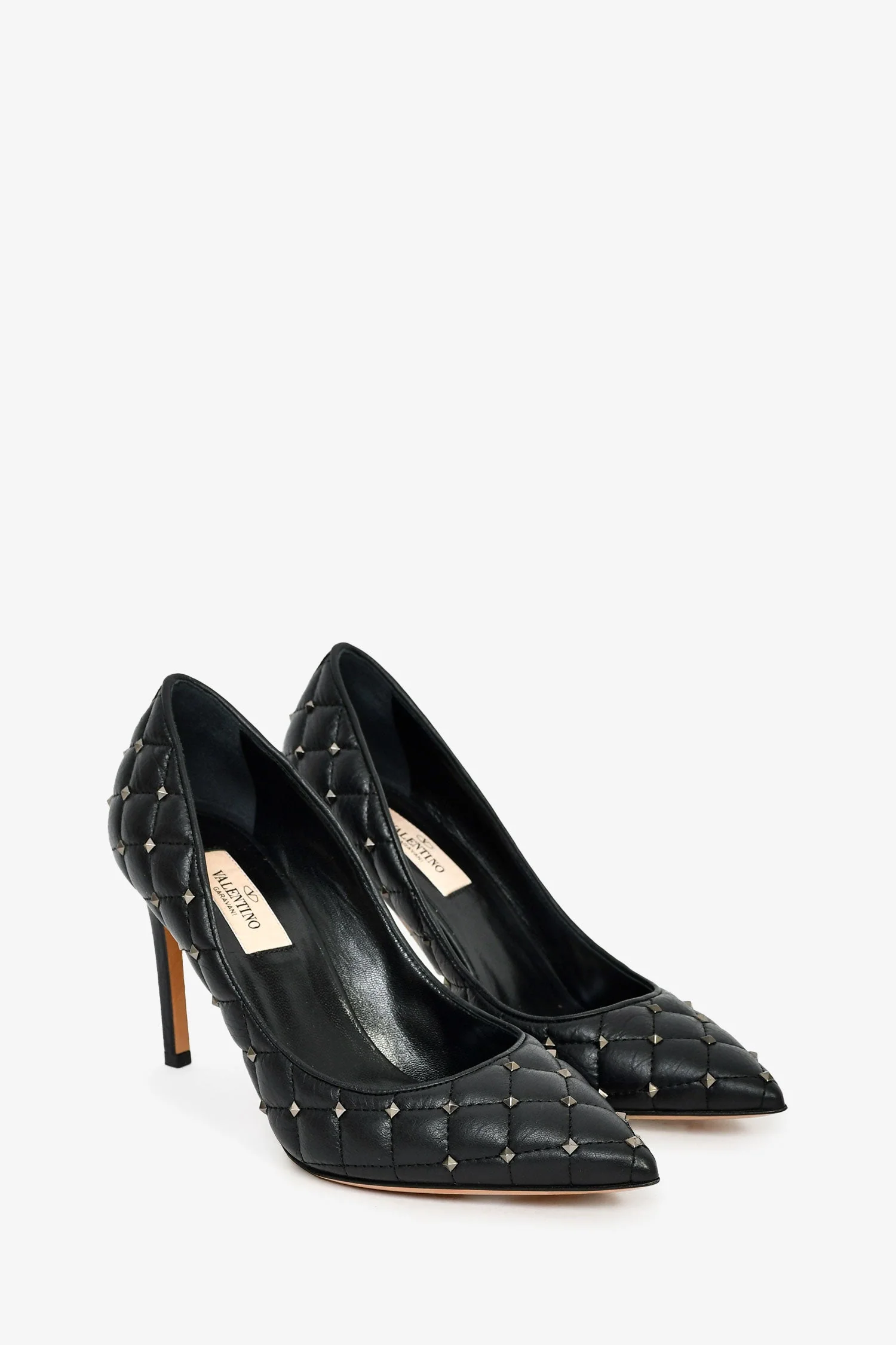 Valentino Black Leather Quilted Pattern Spike Pumps Size 36.5 - Image 2
