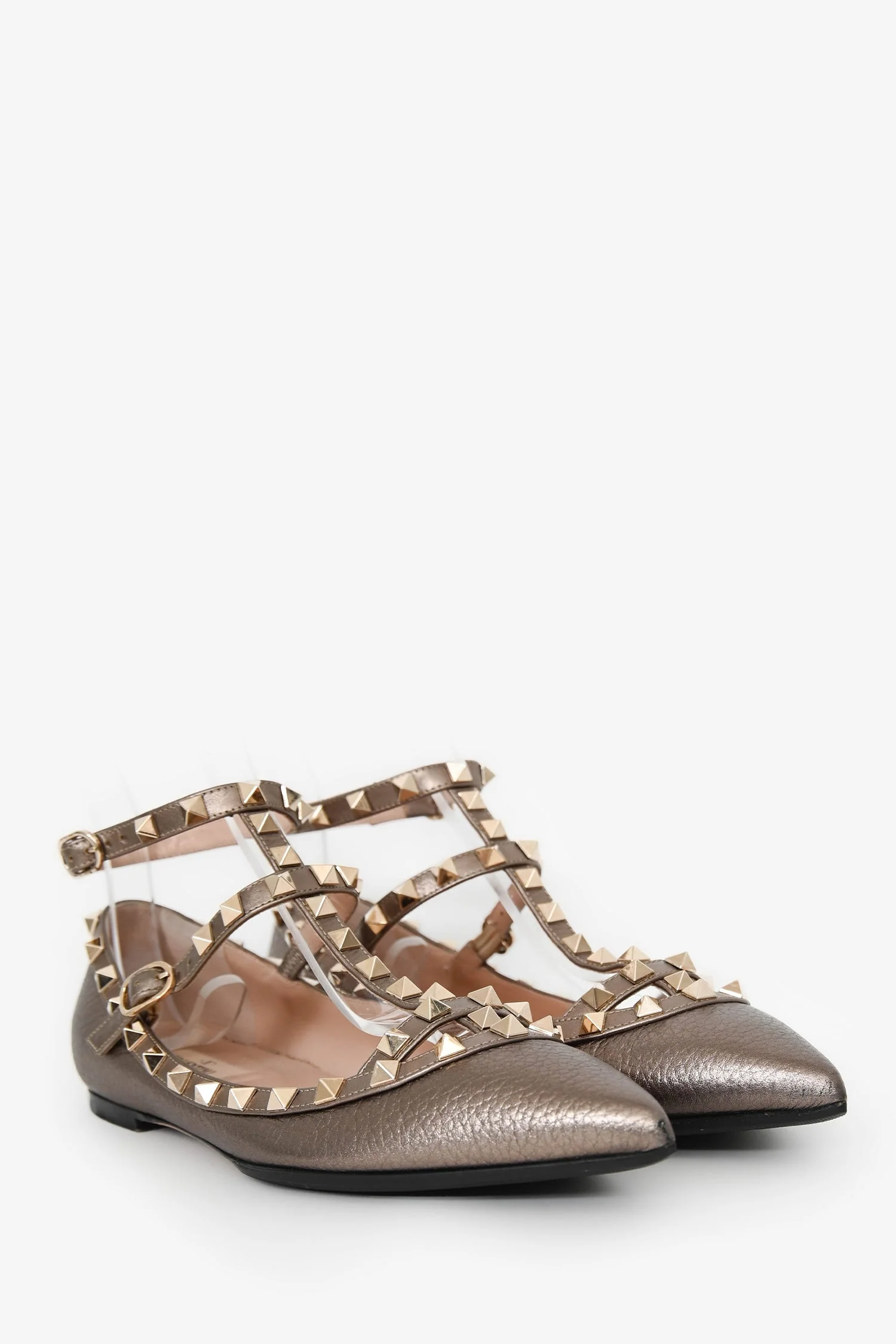 Valentino Garavani Bronze Metallic Pebbled Leather Cage Rockstud Cage Ballerina Flats Size 38 - Image 2