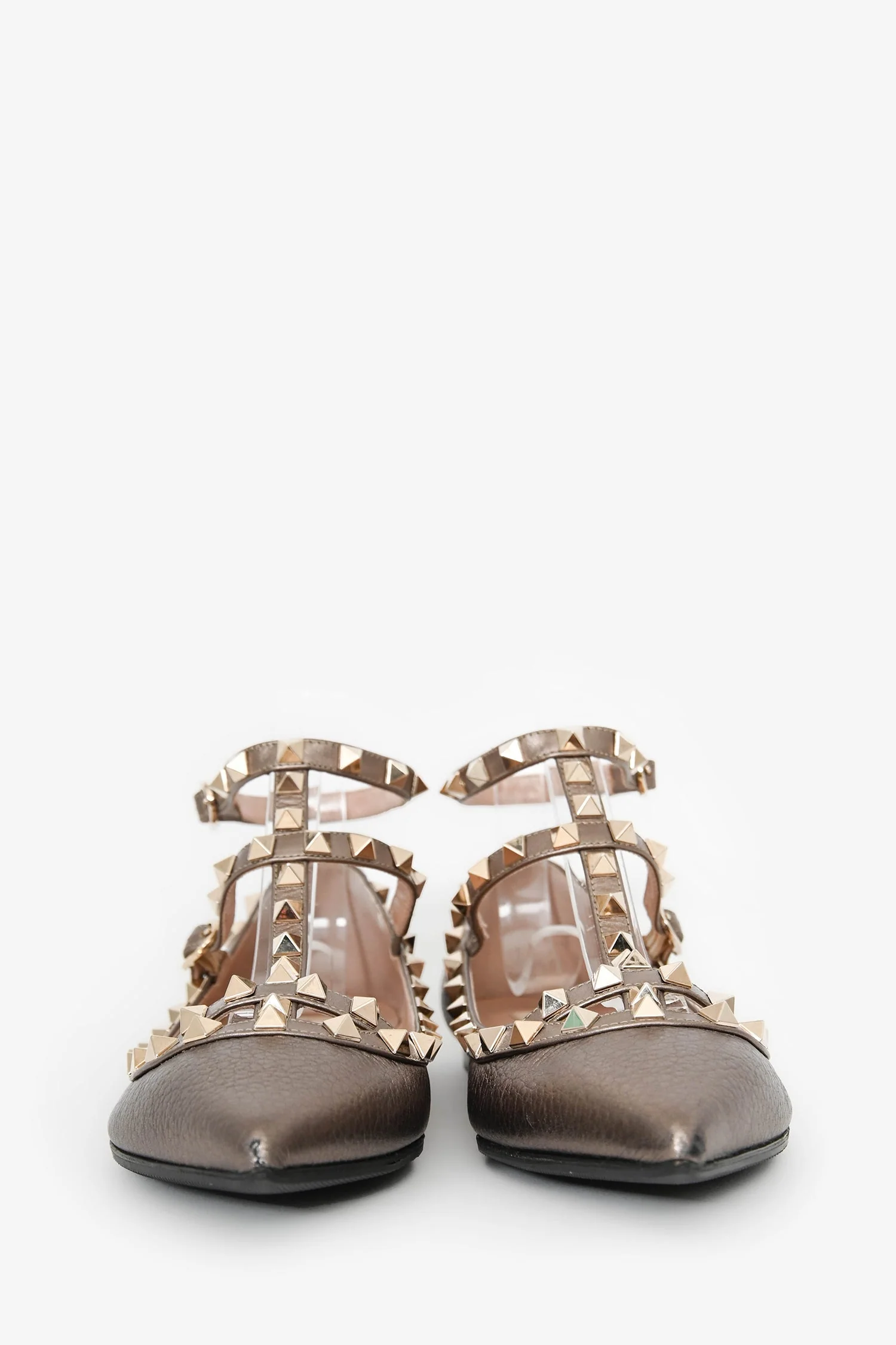 Valentino Garavani Bronze Metallic Pebbled Leather Cage Rockstud Cage Ballerina Flats Size 38 - Image 3