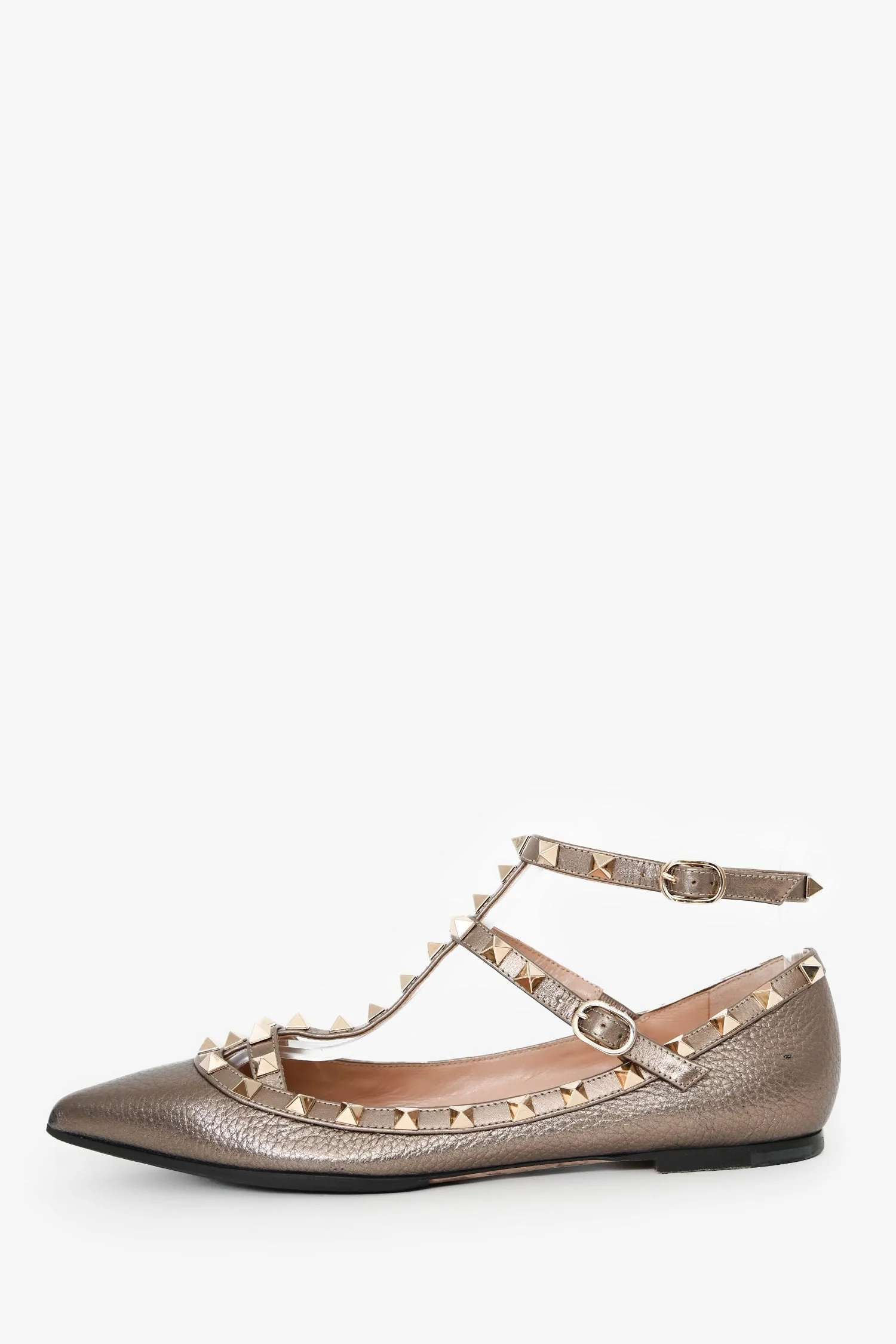 Valentino Garavani Bronze Metallic Pebbled Leather Cage Rockstud Cage Ballerina Flats Size 38 - Image 4