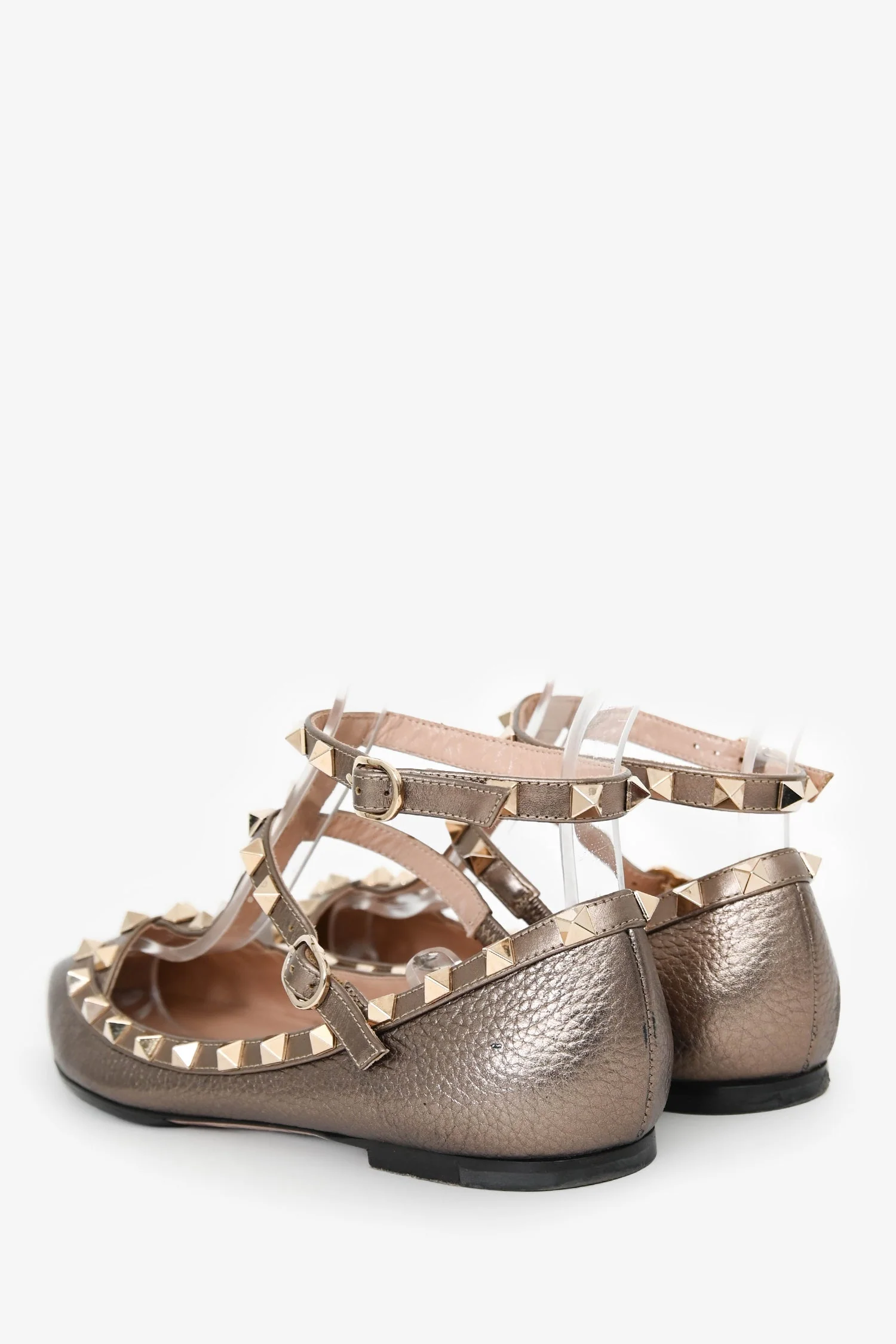 Valentino Garavani Bronze Metallic Pebbled Leather Cage Rockstud Cage Ballerina Flats Size 38 - Image 5