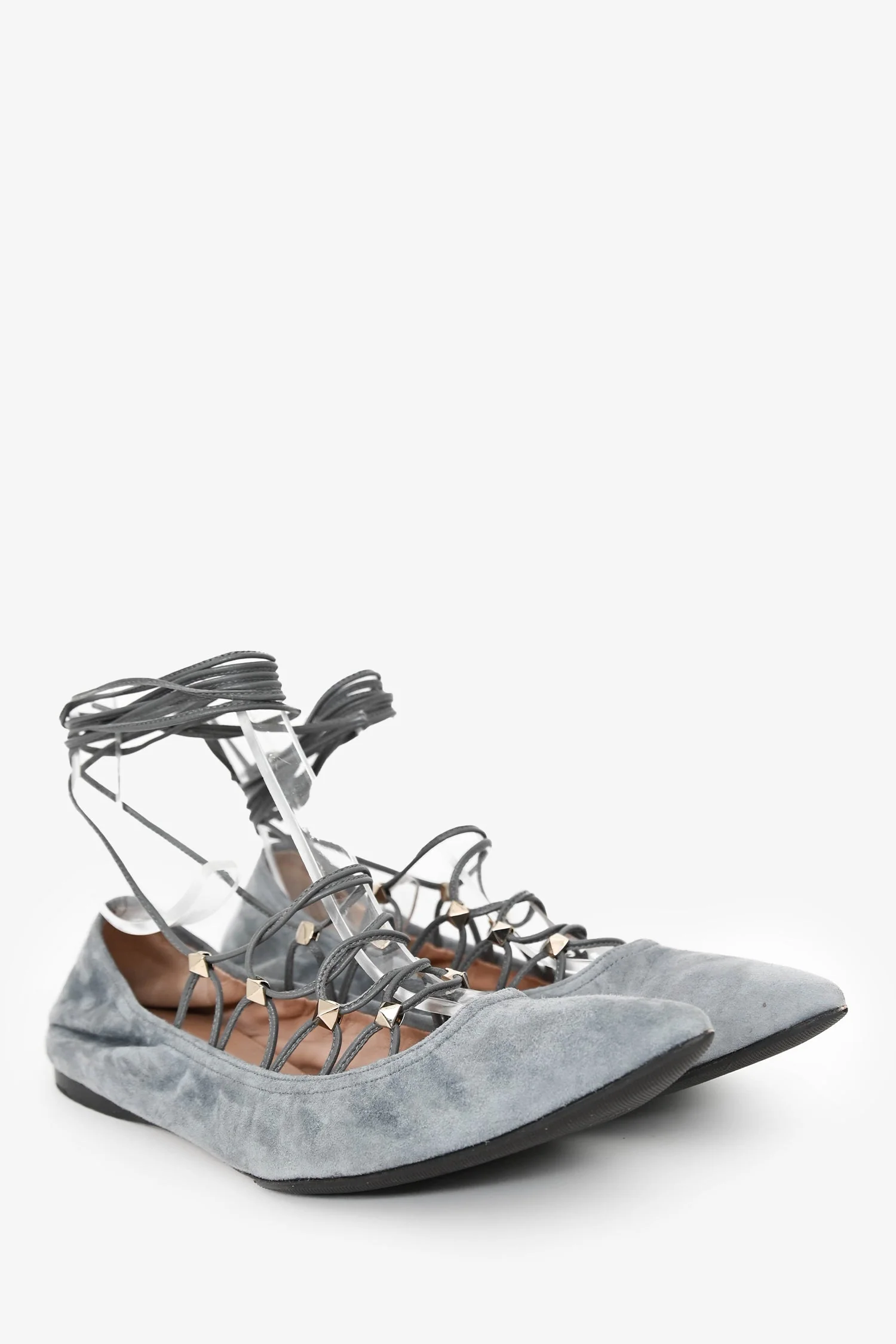Valentino Garavani Suede Light Grey Lace-Up Gladiator Ballerina Shoes Size 38 - Image 2