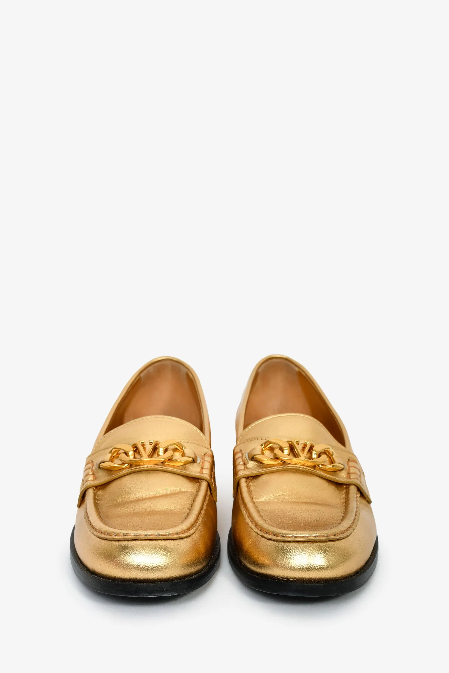 Valentino Gold Leather Chain Link Accents Penny Loafers Size 41 - Image 3