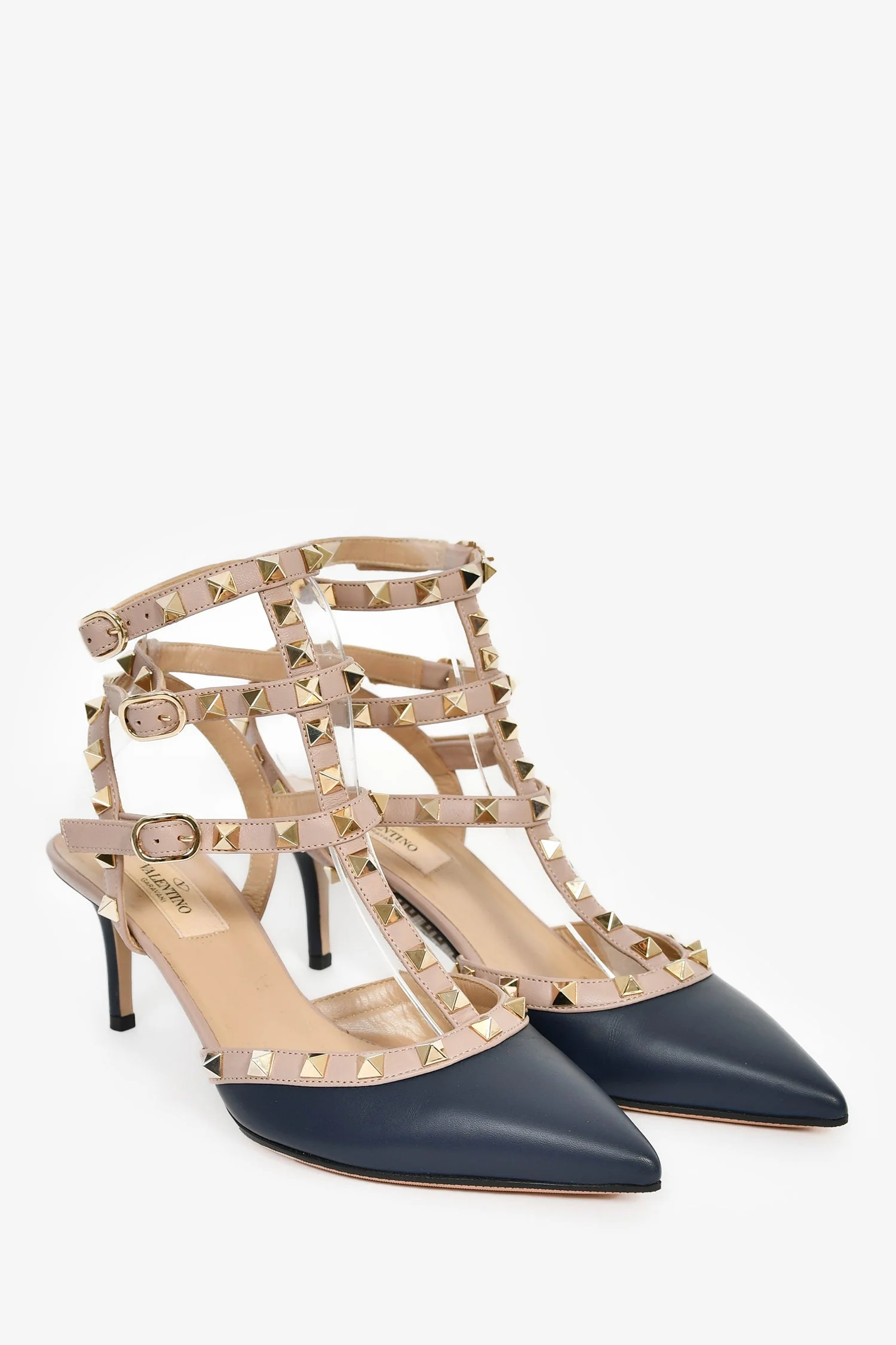 Valentino Navy Blue/Beige Leather Rockstud Cage Heels Size 38 - Image 2