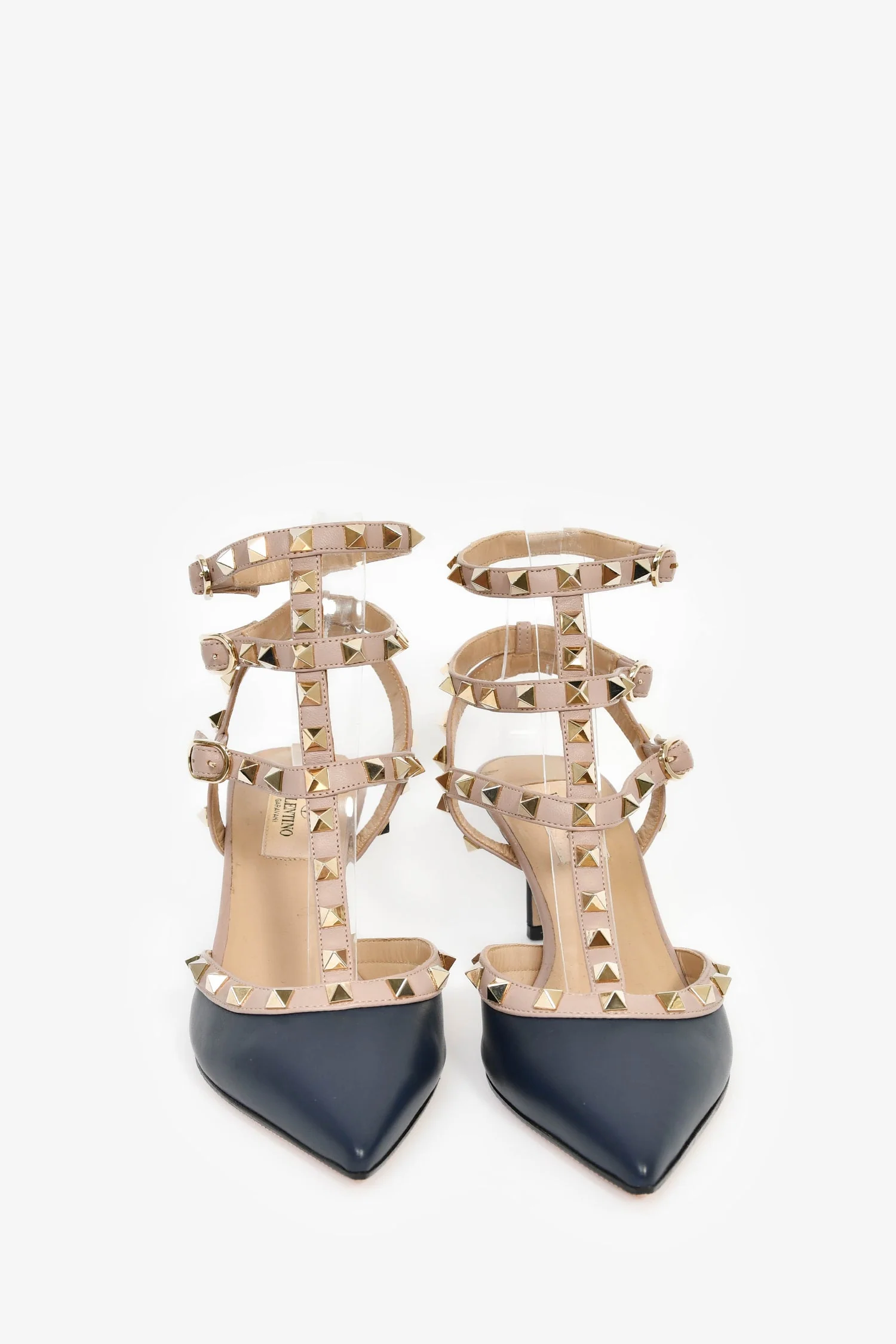 Valentino Navy Blue/Beige Leather Rockstud Cage Heels Size 38 - Image 3