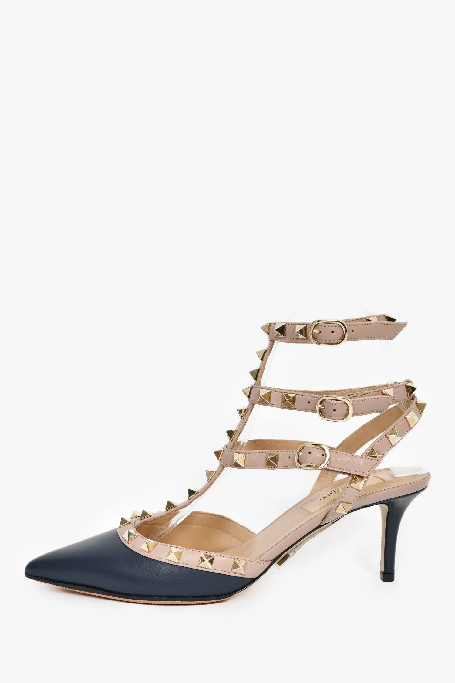 Valentino Navy Blue/Beige Leather Rockstud Cage Heels Size 38 - Image 4