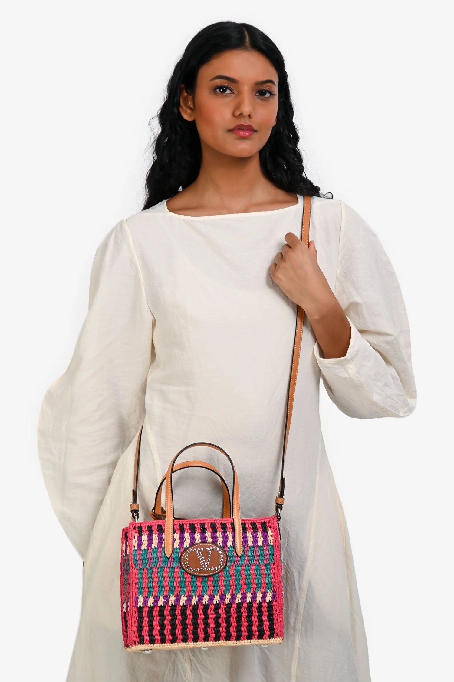 Valentino Pink/Multicolour Raffia VLogo Tote Bag with Pouch - Image 10