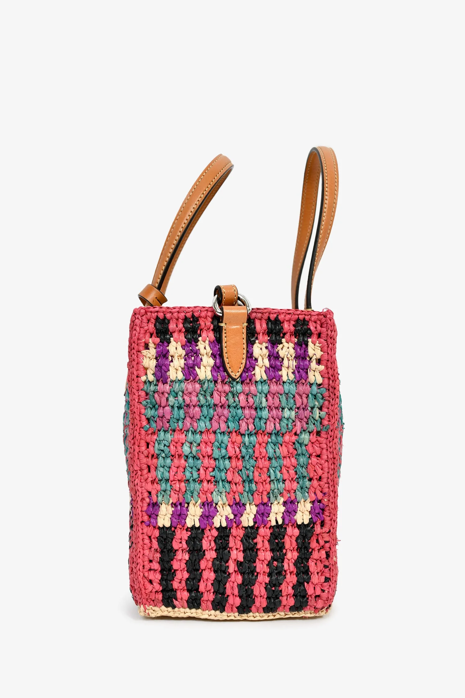 Valentino Pink/Multicolour Raffia VLogo Tote Bag with Pouch - Image 3