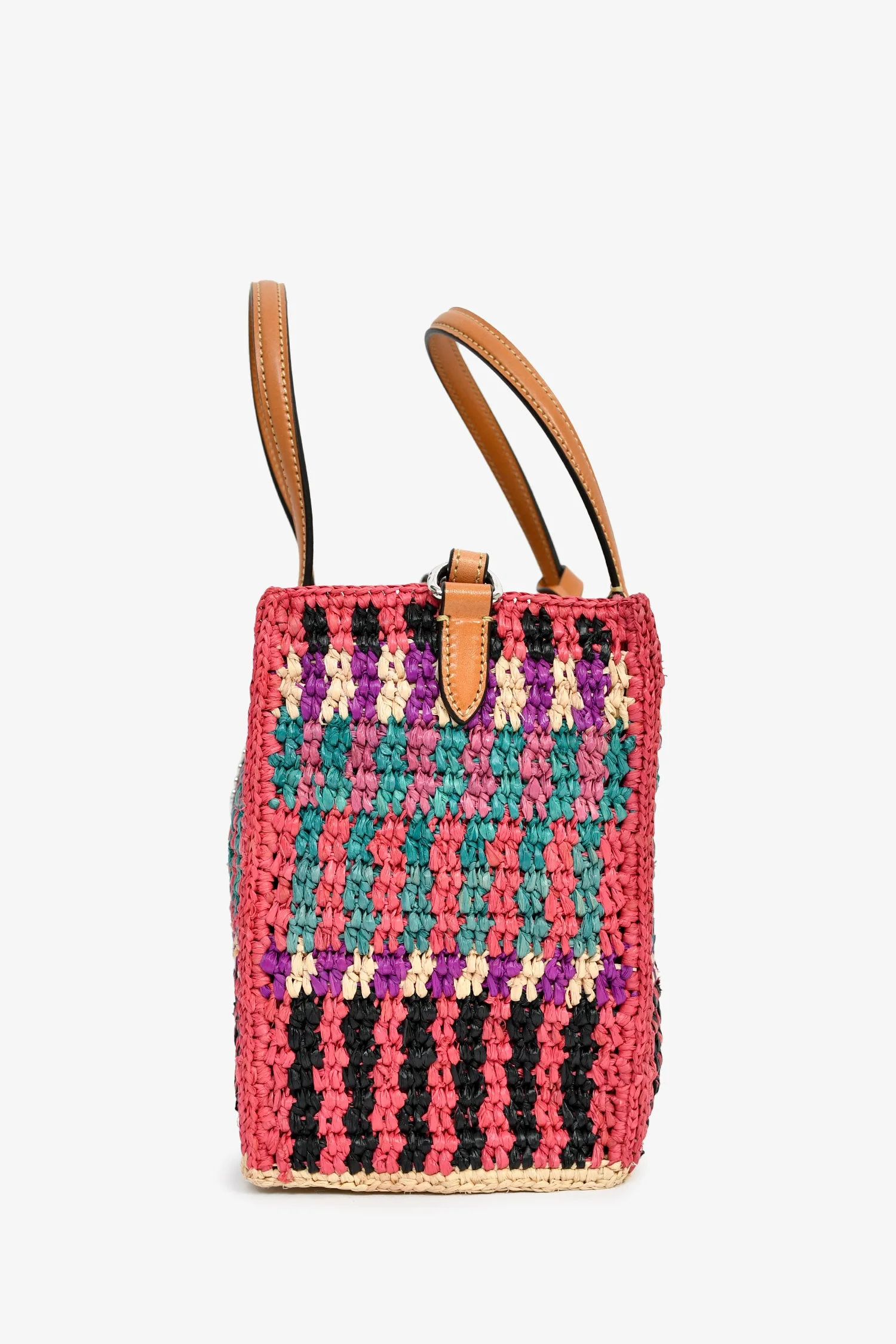 Valentino Pink/Multicolour Raffia VLogo Tote Bag with Pouch - Image 4