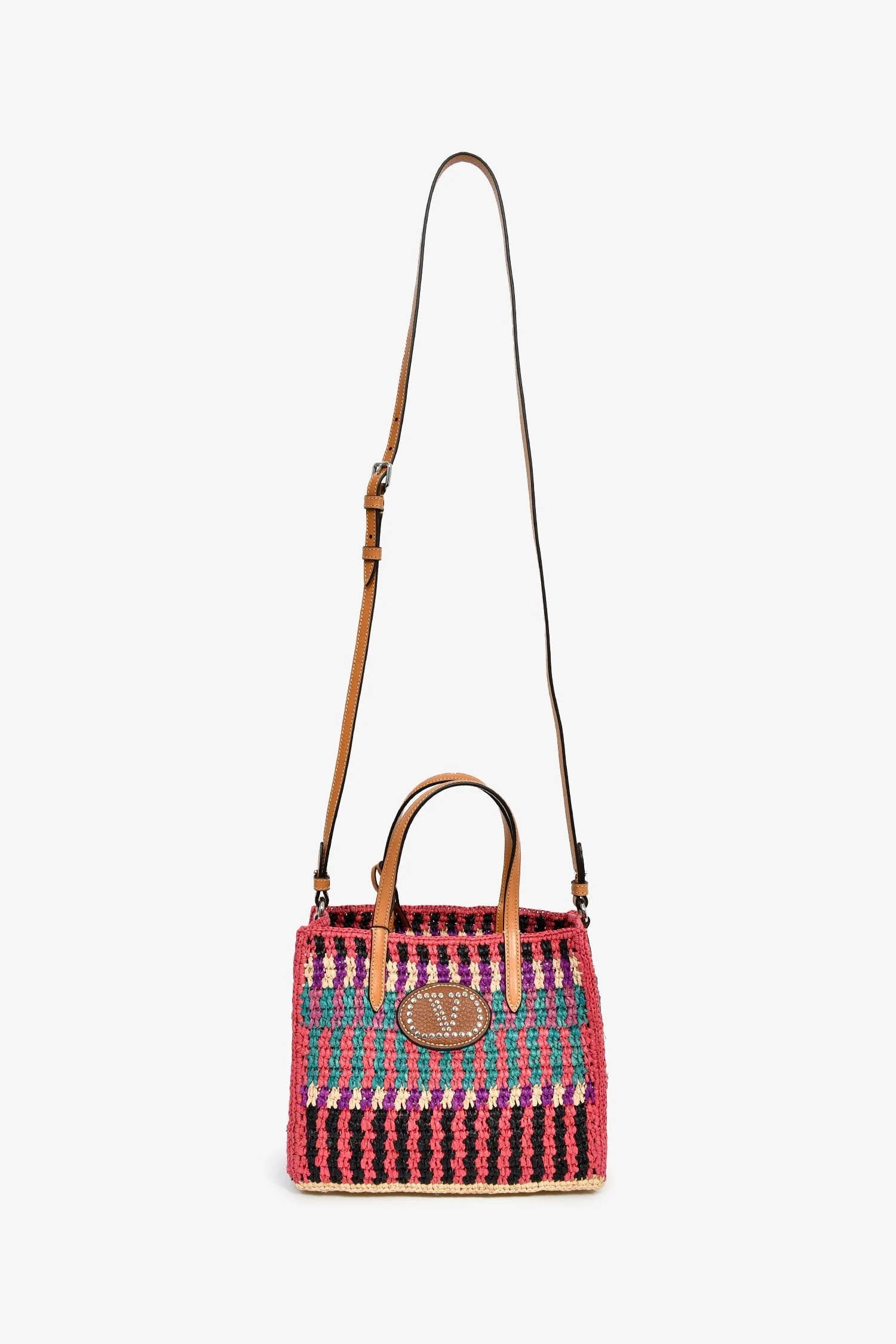 Valentino Pink/Multicolour Raffia VLogo Tote Bag with Pouch - Image 7