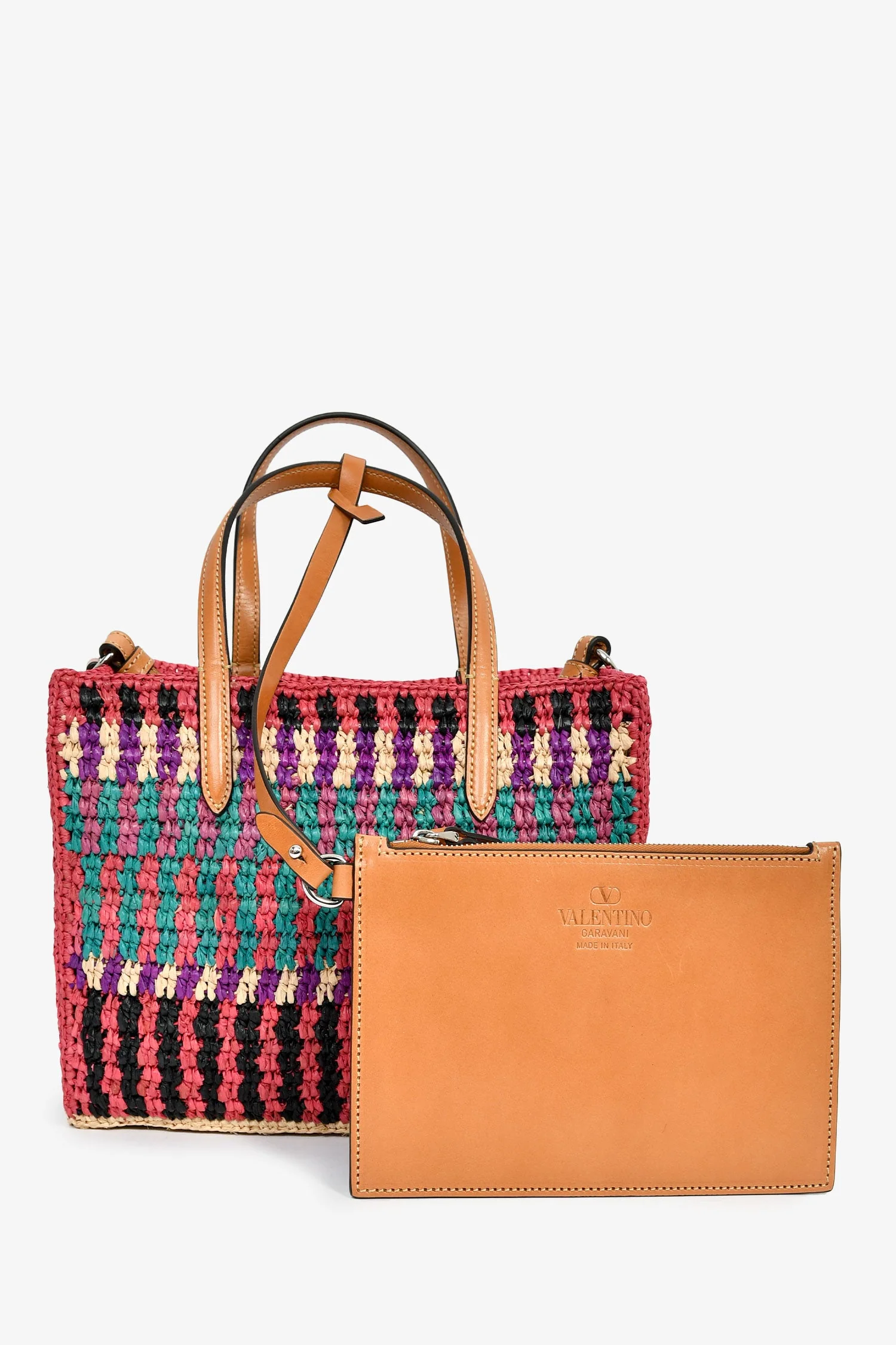 Valentino Pink/Multicolour Raffia VLogo Tote Bag with Pouch - Image 8