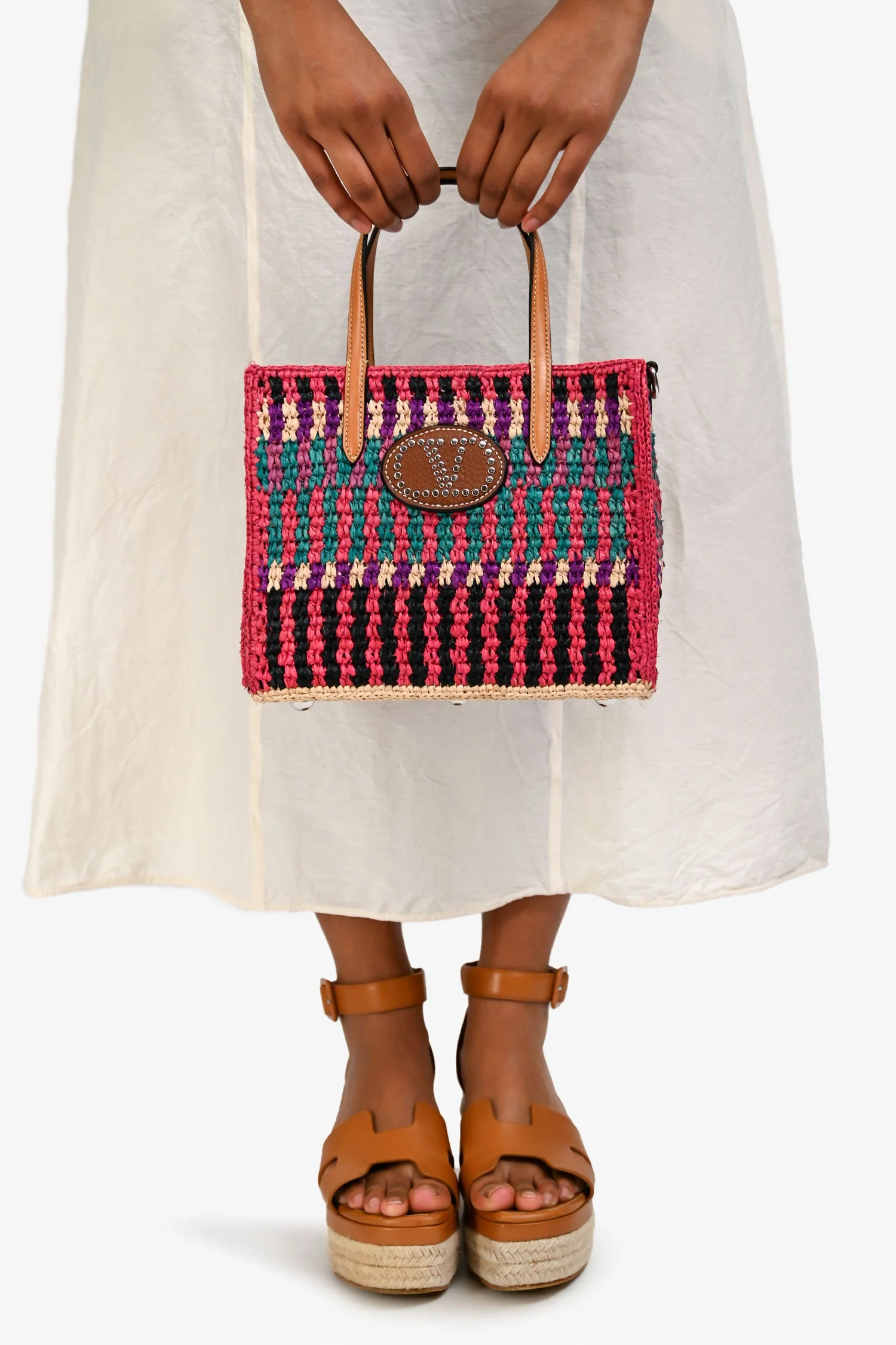 Valentino Pink/Multicolour Raffia VLogo Tote Bag with Pouch - Image 9