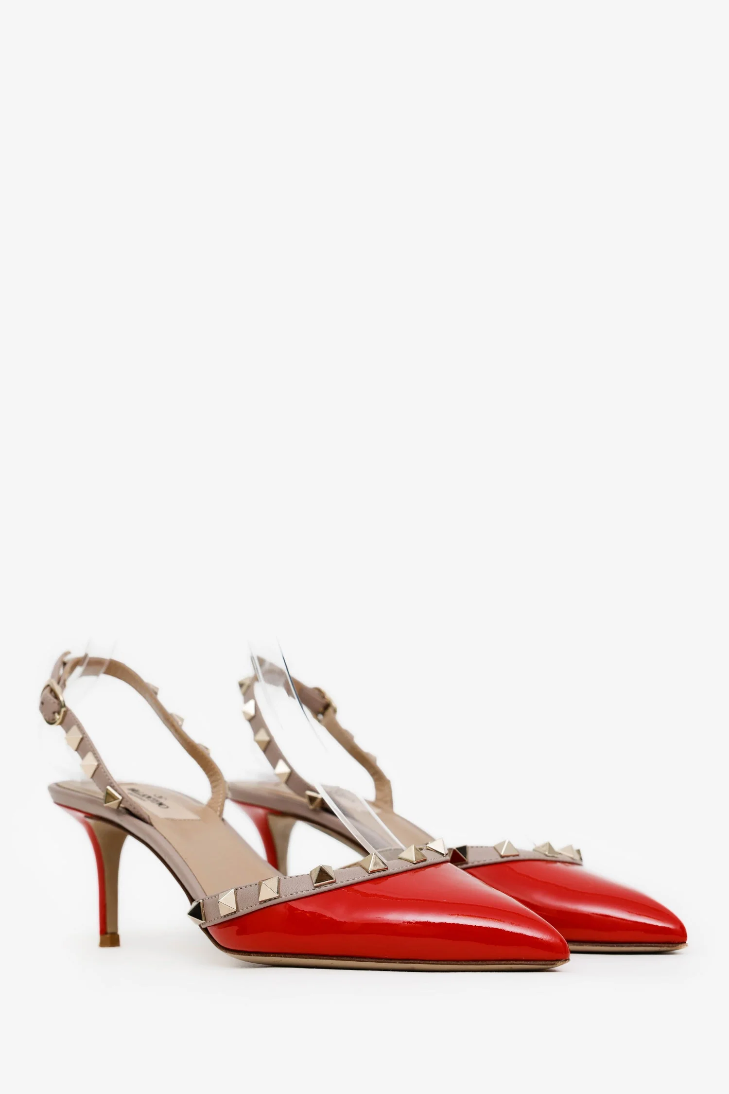 Valentino Red/Beige Patent Leather Rockstud Slingback Sandals Size 37 - Image 2