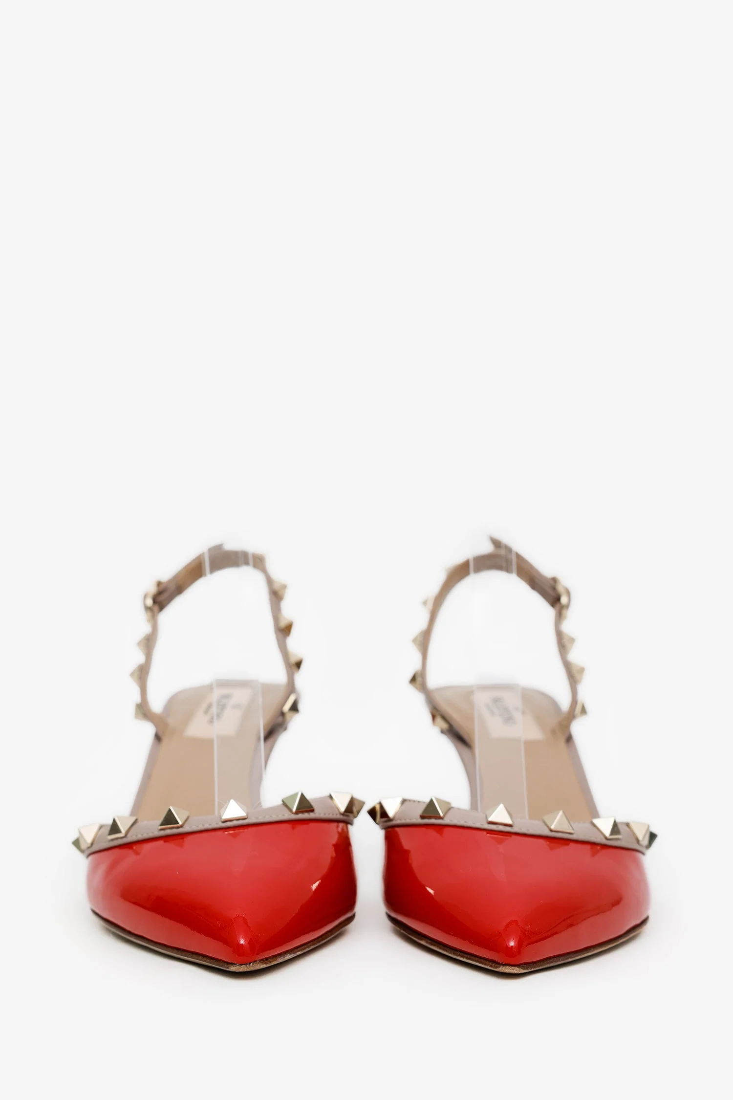 Valentino Red/Beige Patent Leather Rockstud Slingback Sandals Size 37 - Image 3