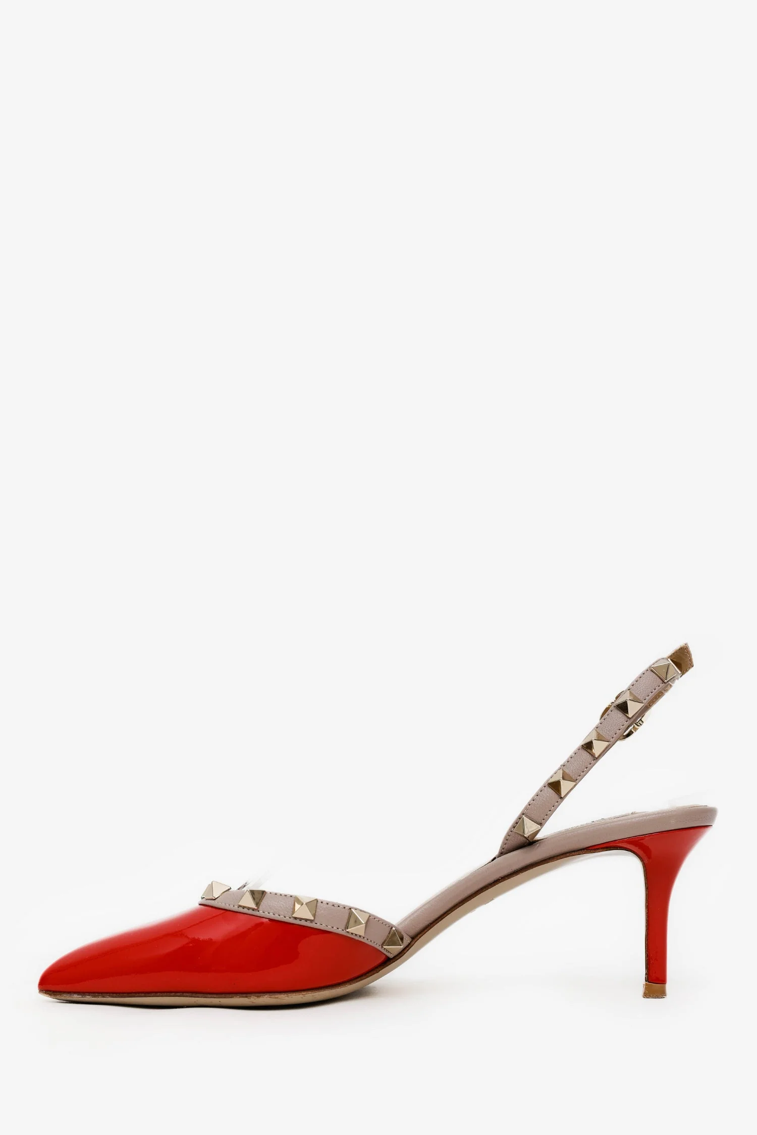 Valentino Red/Beige Patent Leather Rockstud Slingback Sandals Size 37 - Image 4