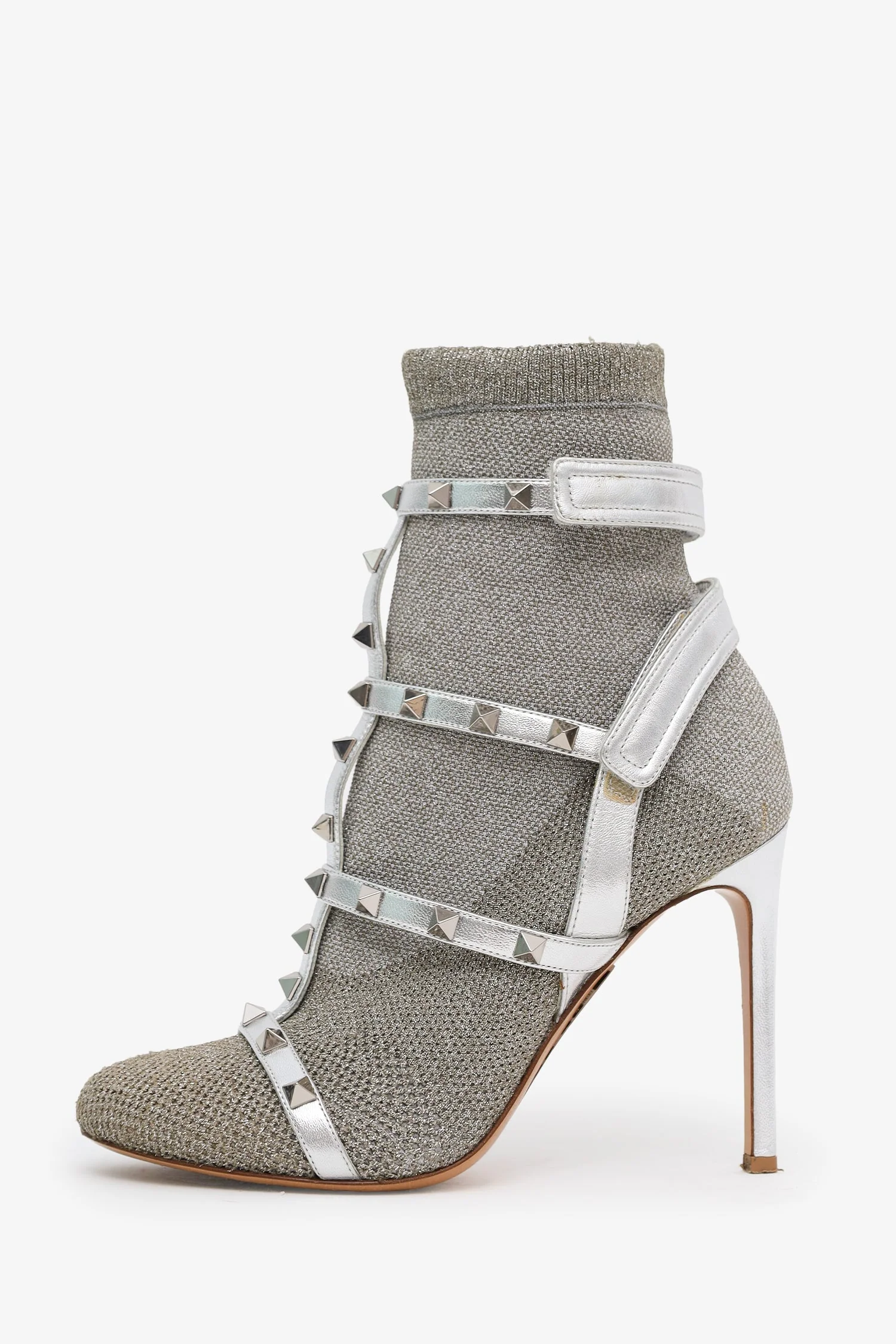 Valentino Silver Cloth Rockstud Ankle Boots Size 37 - Image 4