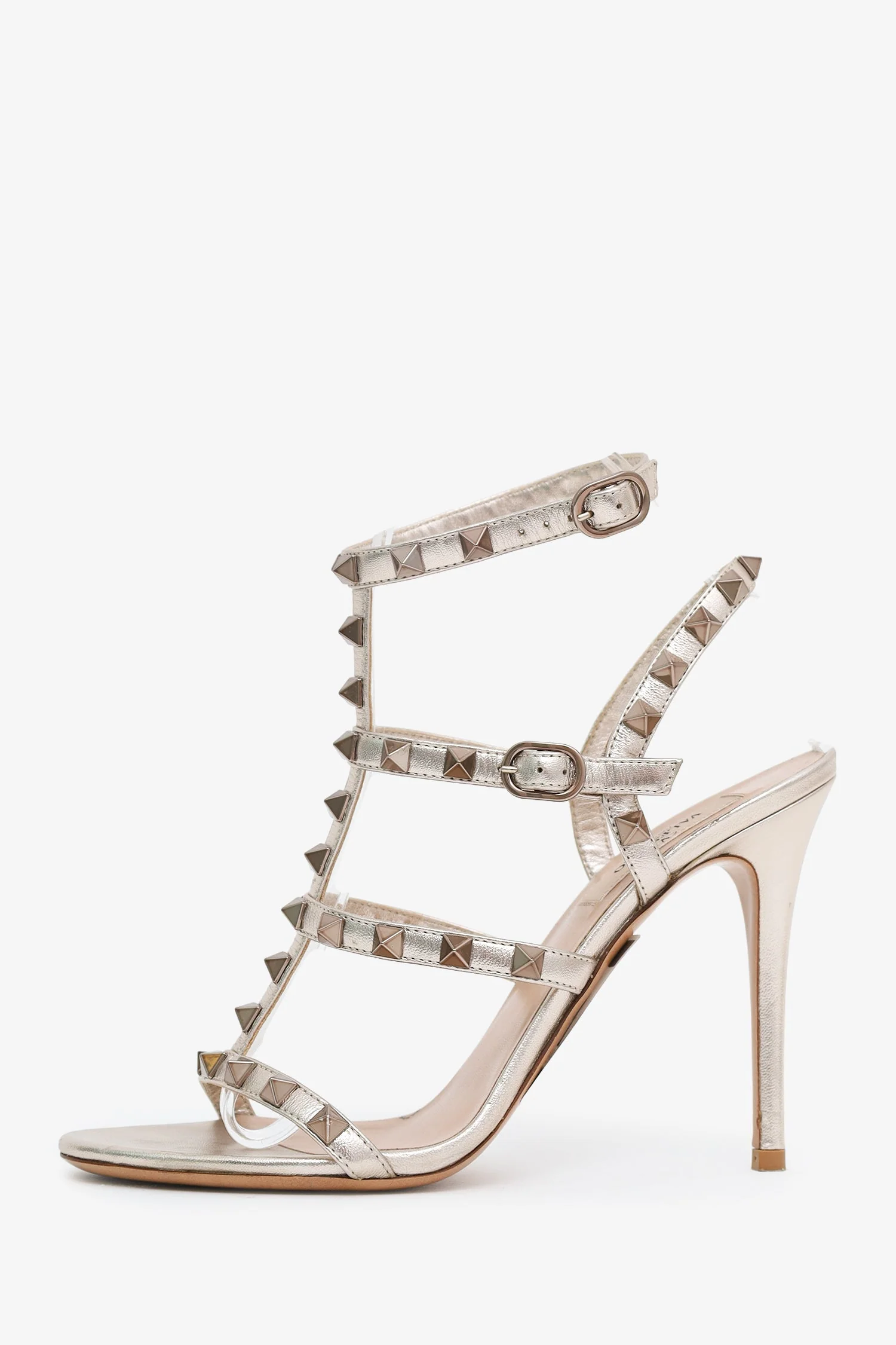 Valentino Silver Metallic Rockstud Cage Heeled Sandals Size 37 - Image 4