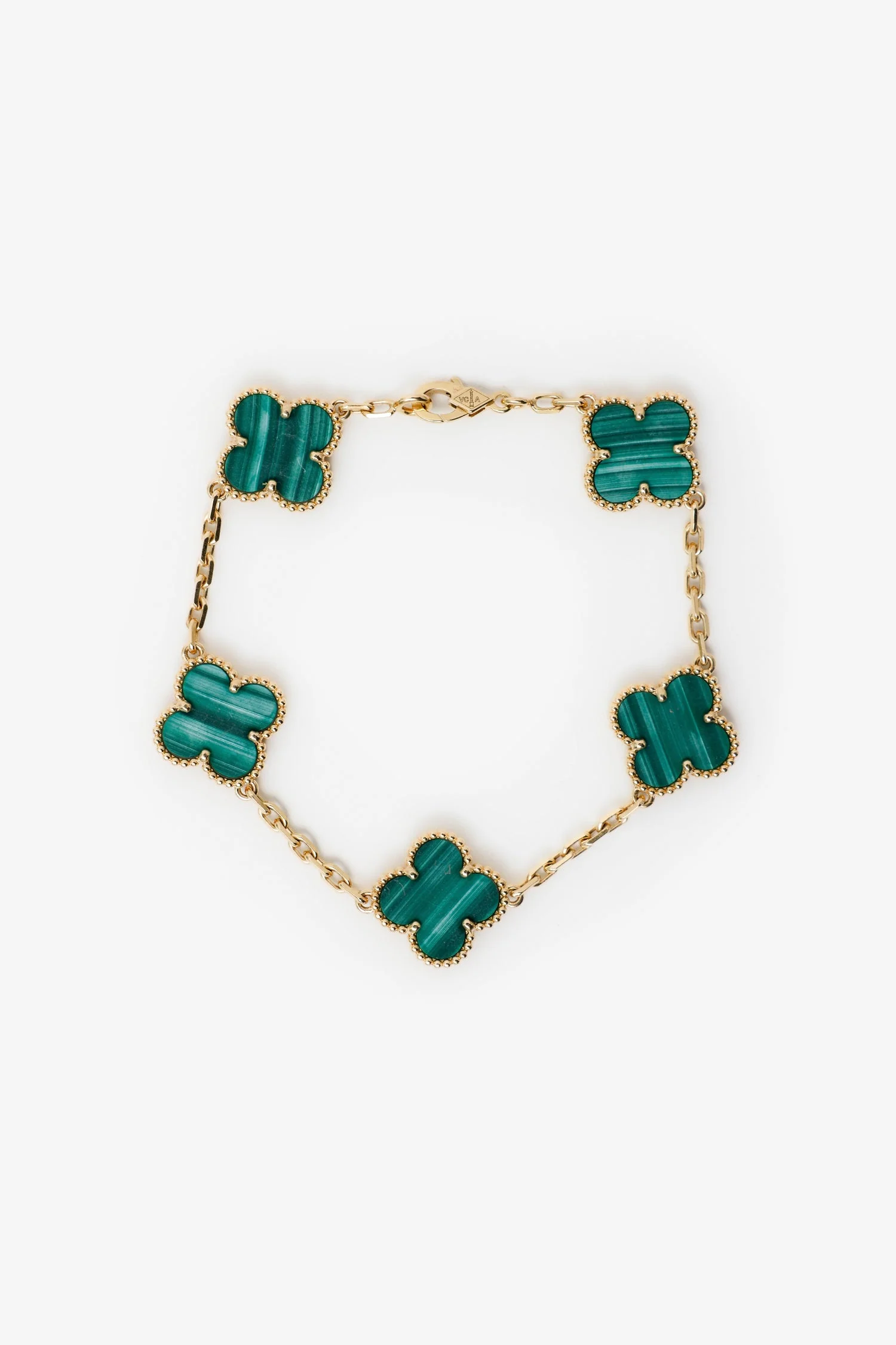 Van Cleef & Arpels 18K Yellow Gold Malachite 5-Motif Alhambra Bracelet - Image 3