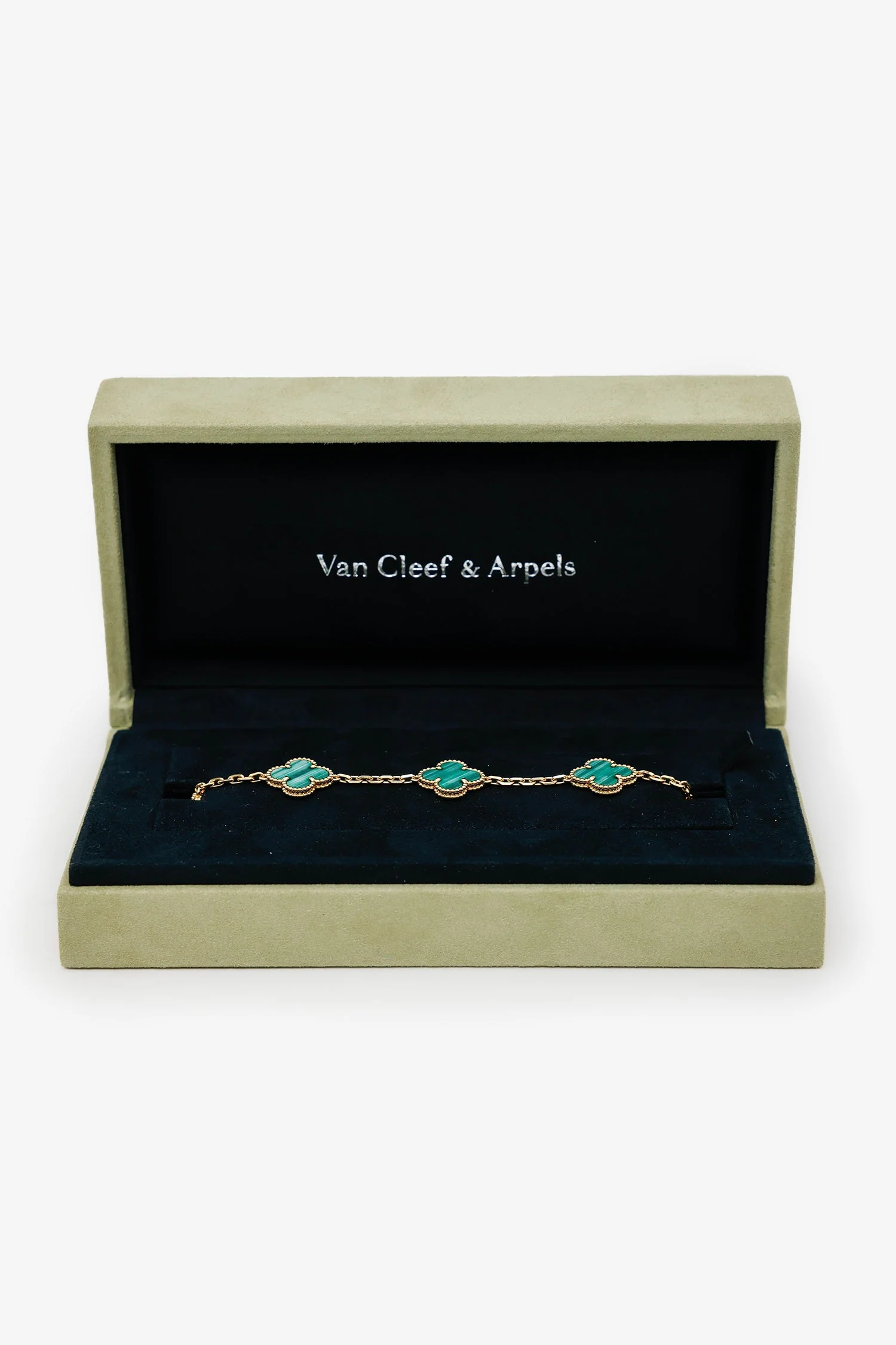 Van Cleef & Arpels 18K Yellow Gold Malachite 5-Motif Alhambra Bracelet - Image 4