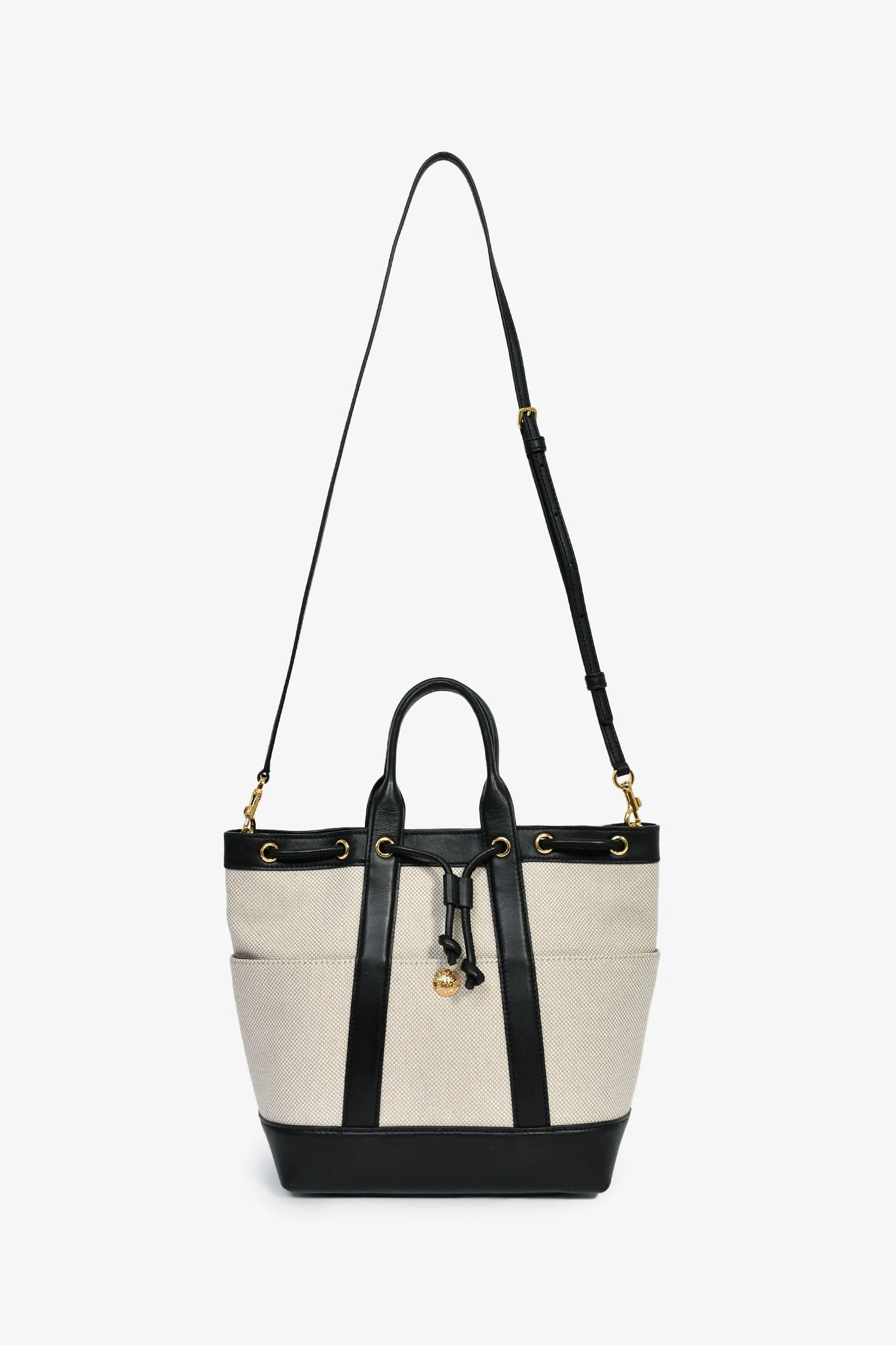 Veronica Beard Beige Canvas/Black Leather Tote With Strap - Image 7