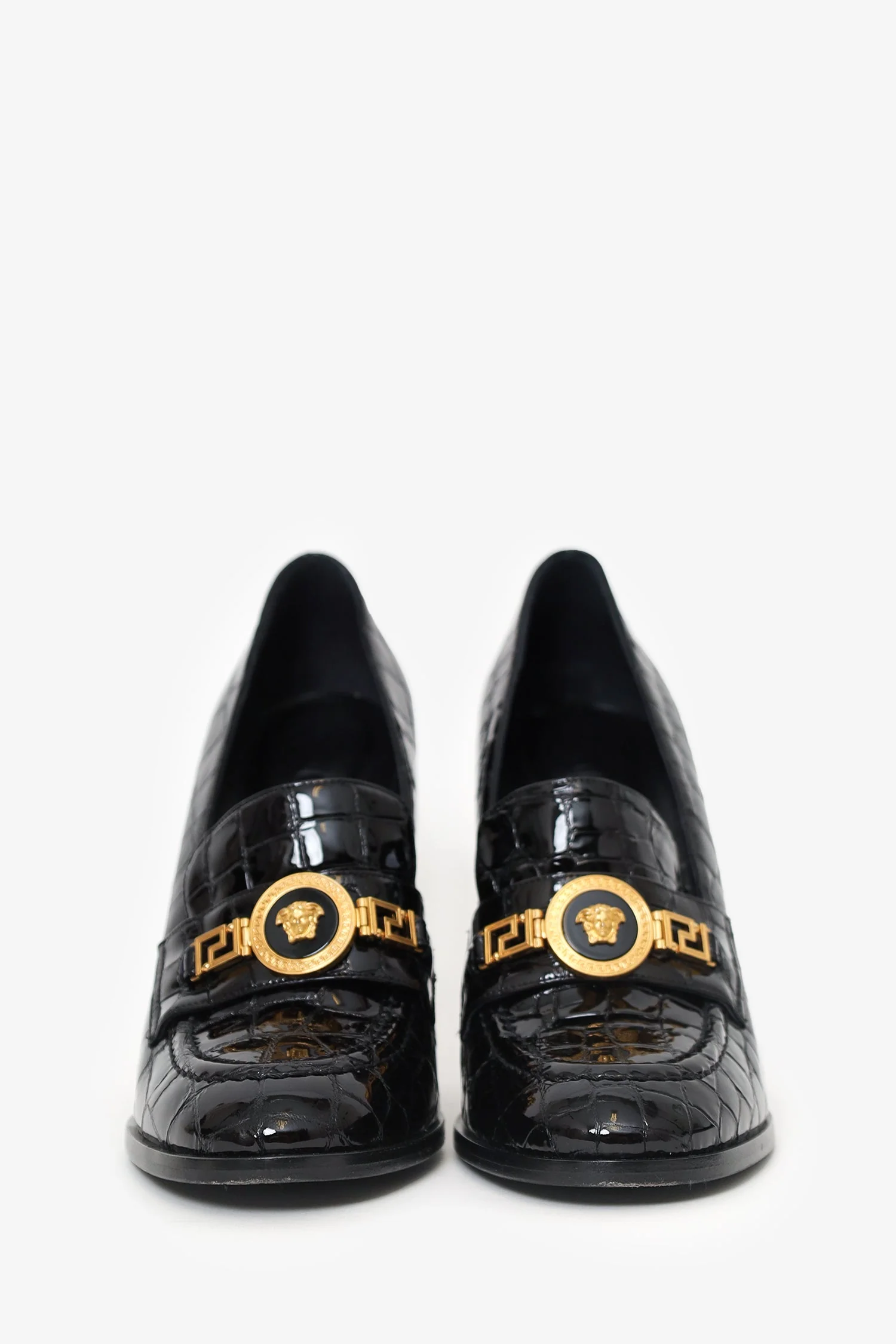 Versace Black Croc Embossed Leather Heeled Loafers Size 40 - Image 3