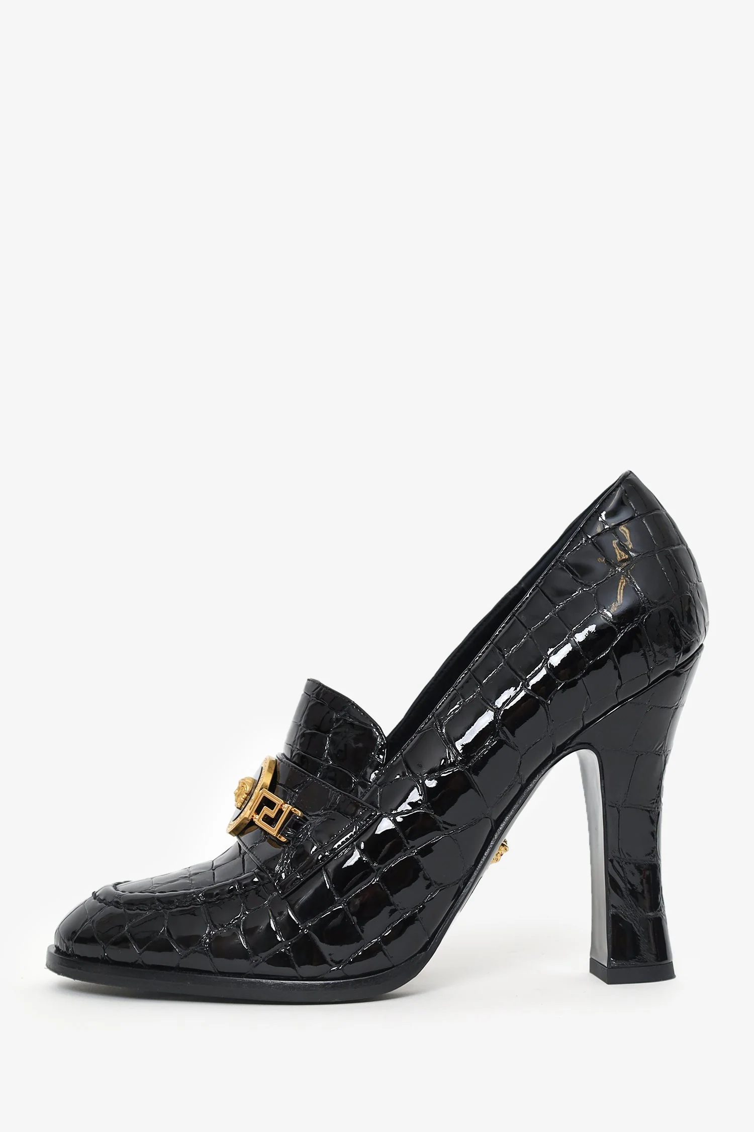 Versace Black Croc Embossed Leather Heeled Loafers Size 40 - Image 4