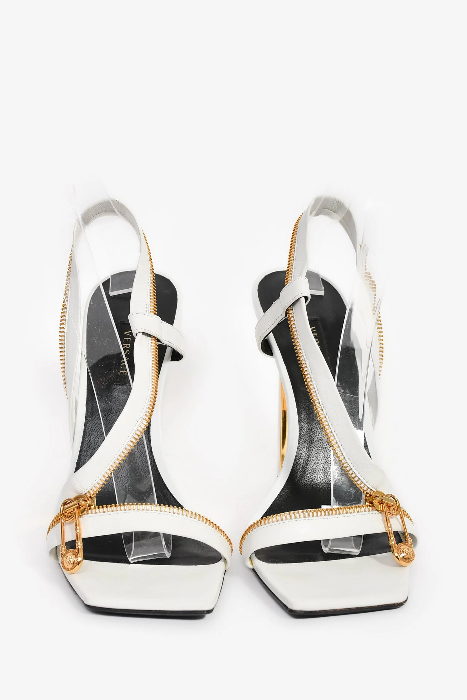 Versace White Gold Tone Zipper Heels Size 40 - Image 3