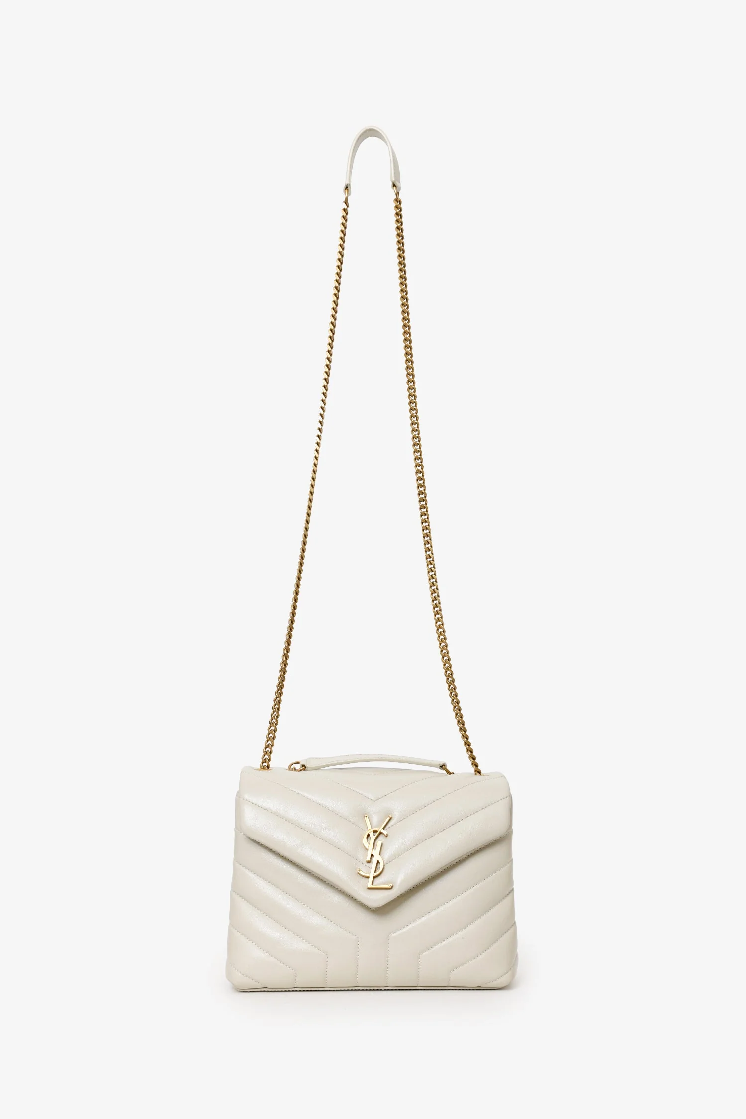 YSL Taupe Small Lou Lou Handbag With Gold Chain Strap - Image 6