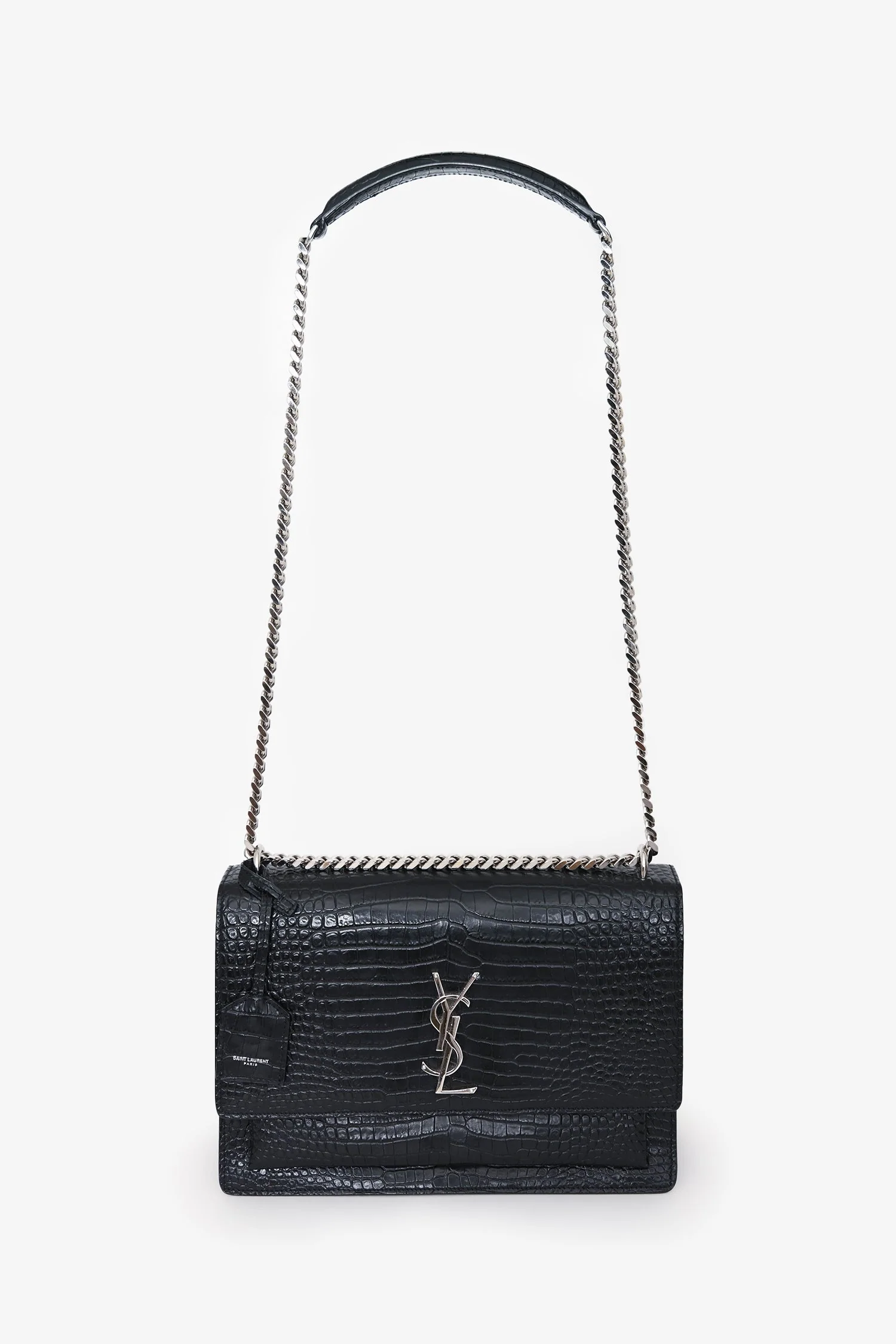 Yves Saint Laurent Black Embossed Croc Leather Medium Sunset Shoulder Bag - Image 7